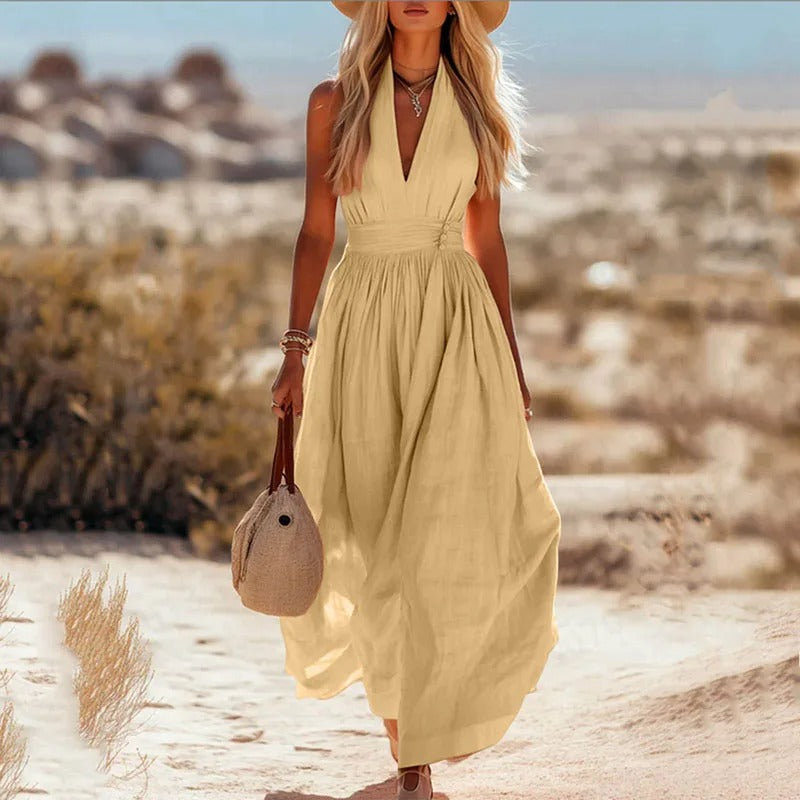 Women's Halter-Neck Cotton-Linen Maxi Dress in Natural Tones for Warm-Weather Elegance | Koossa