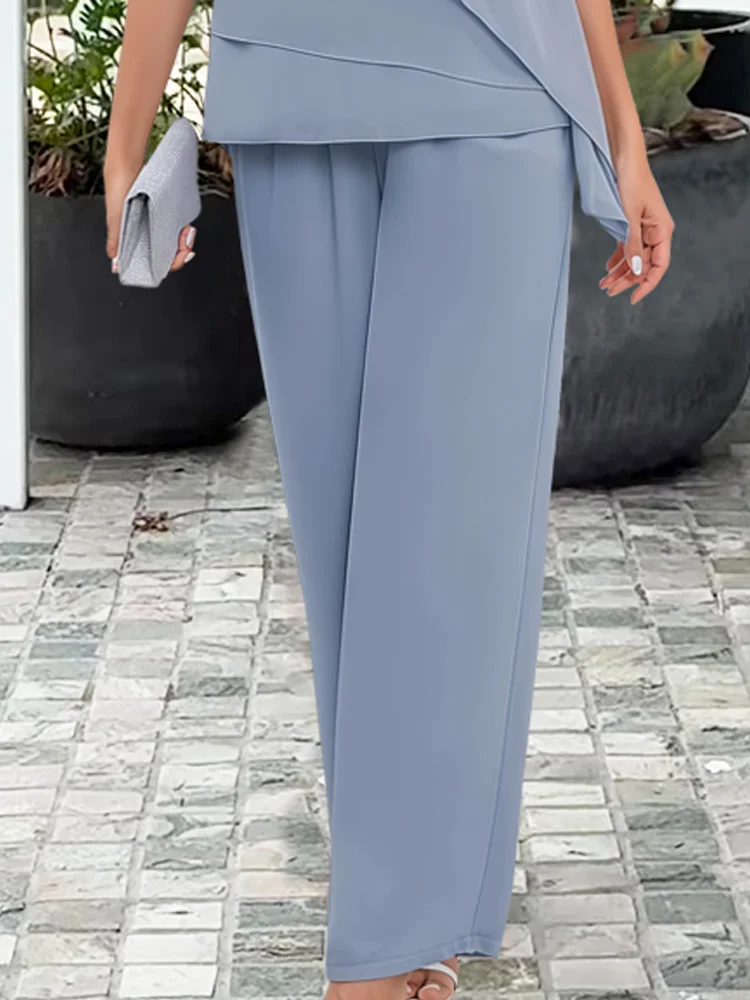 Women's Layered Chiffon Top and Wide-Leg Trousers Co-ord Set in Light Blue and Navy for Summer Garden Parties | Koossa