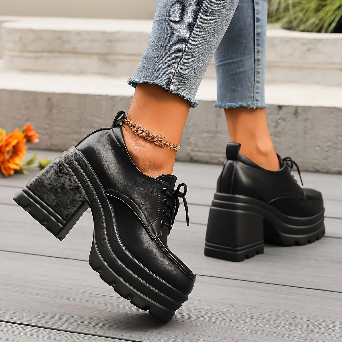 Women's Platform Block Heel Lace-Up Ankle Boots in Black and Brown – Retro-Inspired Statement Footwear for Elevated Everyday Style | Koossa
