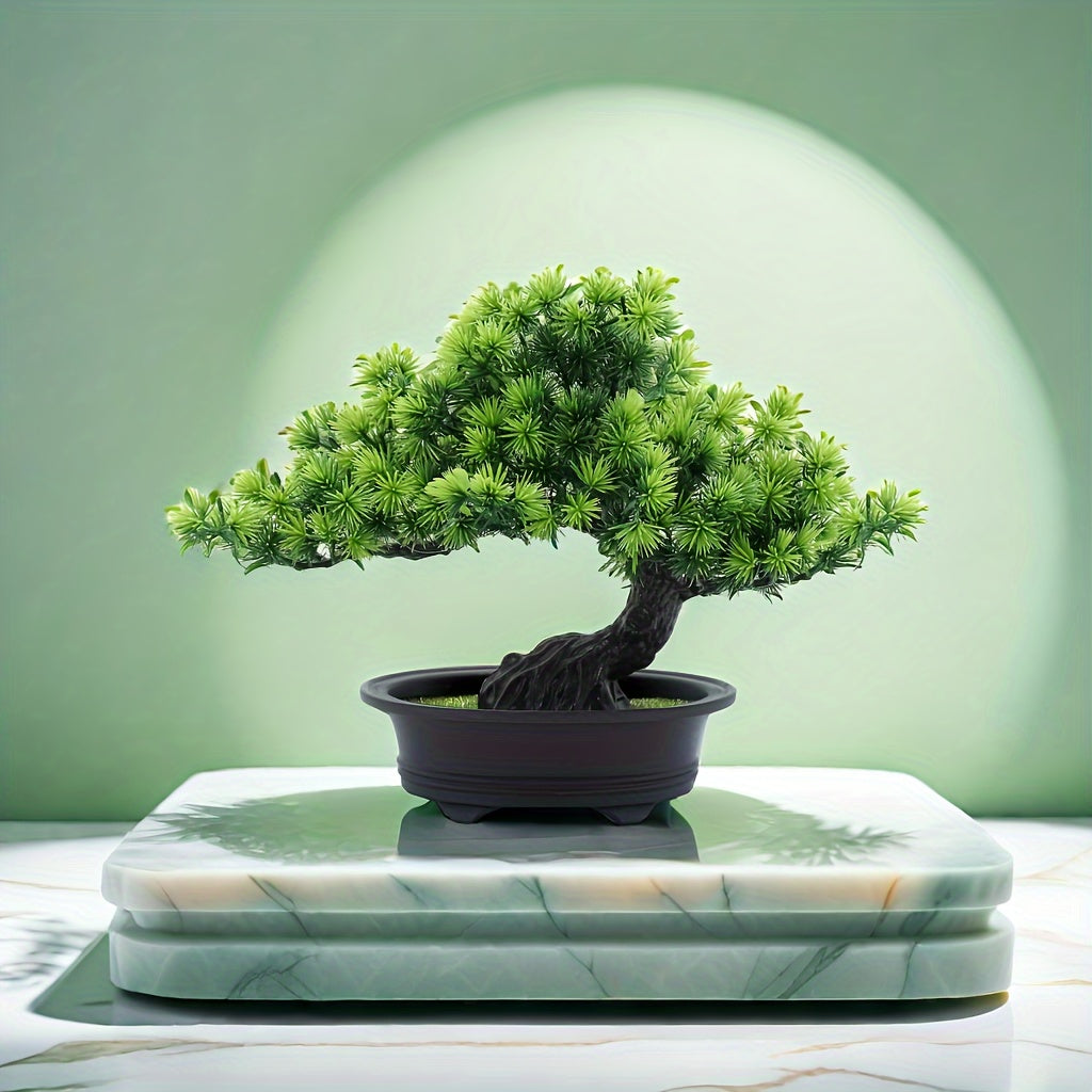Artificial Bonsai Tree 9.5 Inch Desk Décor with Black Pot | Lifelike Greenery for Home Office Living Room | No Maintenance Faux Plant | Lonoma