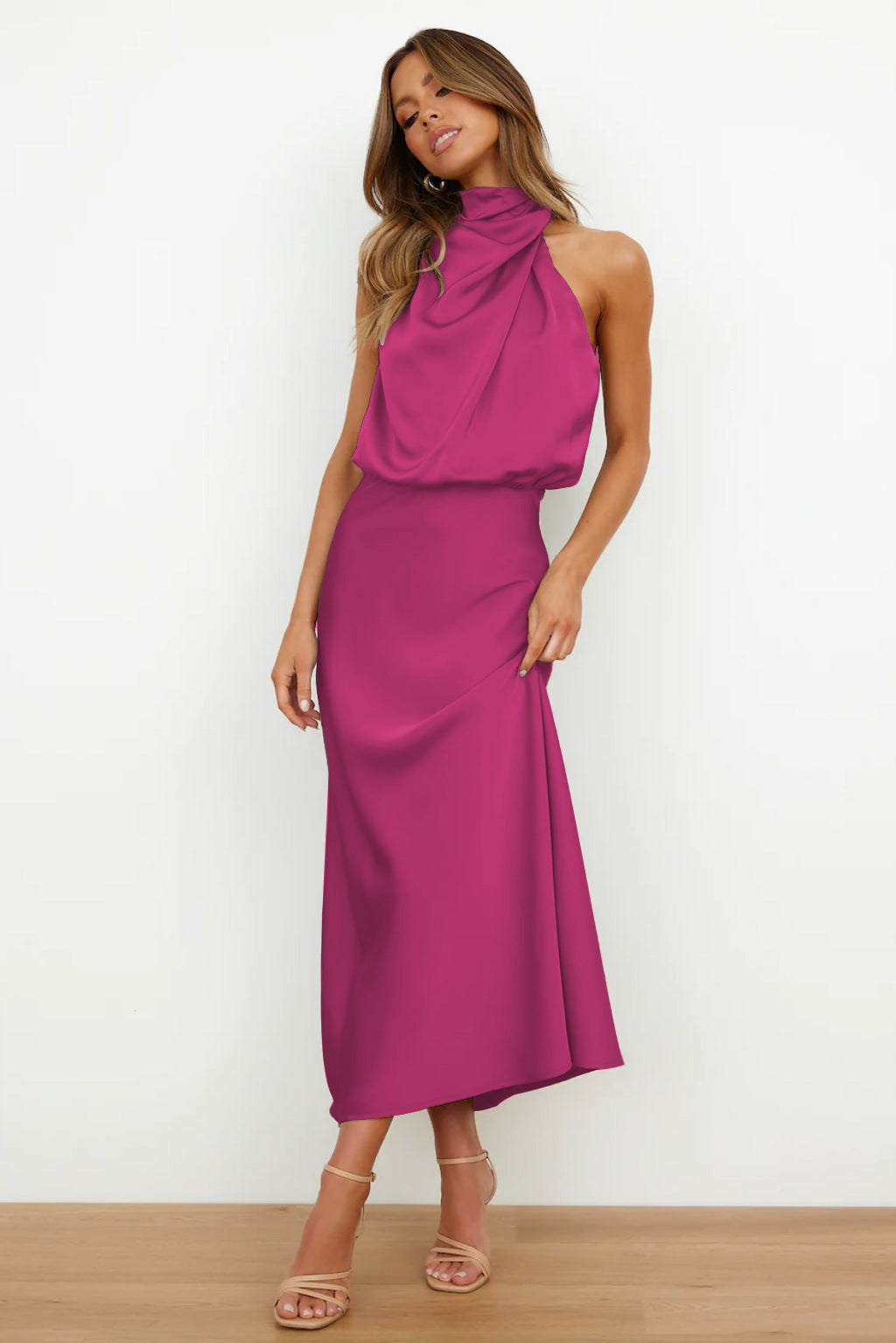 Women's Draped Satin Evening Dress with Open Back — Elegant Midi Dress for Summer Weddings & Special Occasions | Koossa