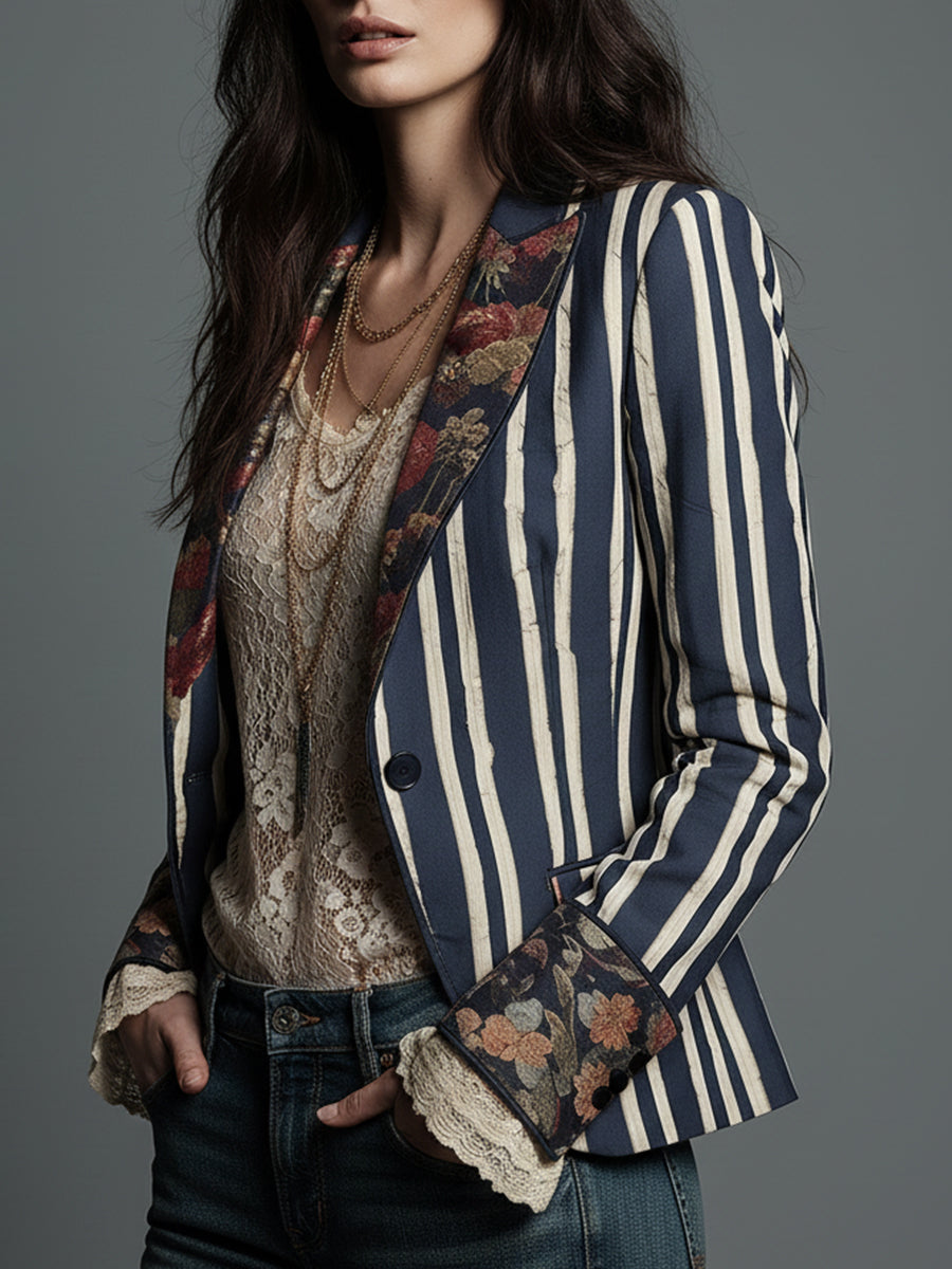 Women's Bohemian Striped Blazer | Tailored Floral Jacket in Navy, Claret & Green | Vintage-Inspired Structured Outerwear for Smart Casual Occasions | Koossa