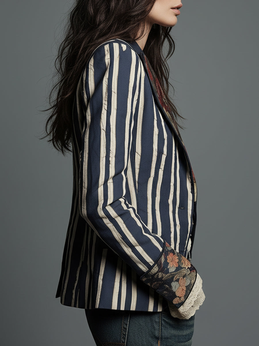 Women's Bohemian Striped Blazer | Tailored Floral Jacket in Navy, Claret & Green | Vintage-Inspired Structured Outerwear for Smart Casual Occasions | Koossa