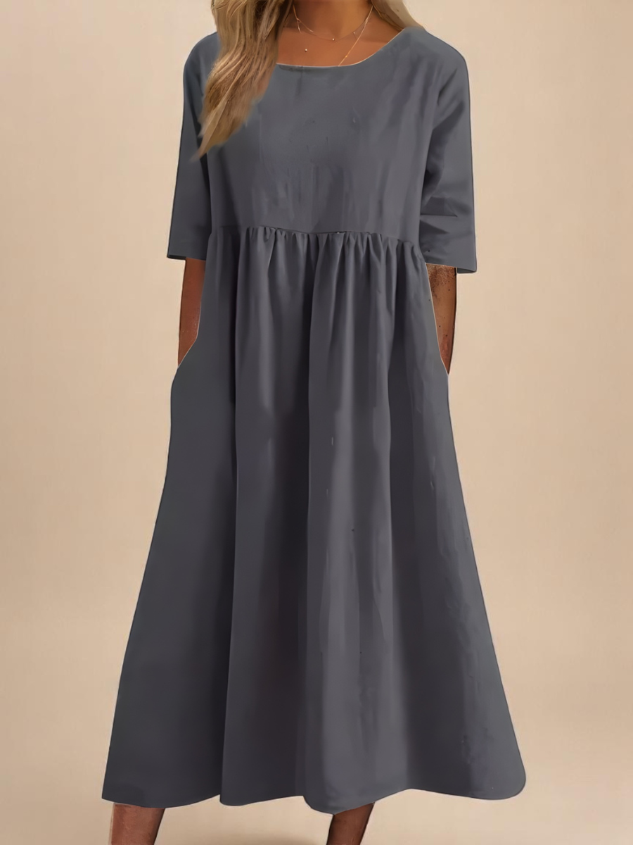 Women's Cotton Round-Neck Dress with Mid-Length Sleeves and Pockets – Relaxed Everyday Midi Dress in Eight Colours | Koossa