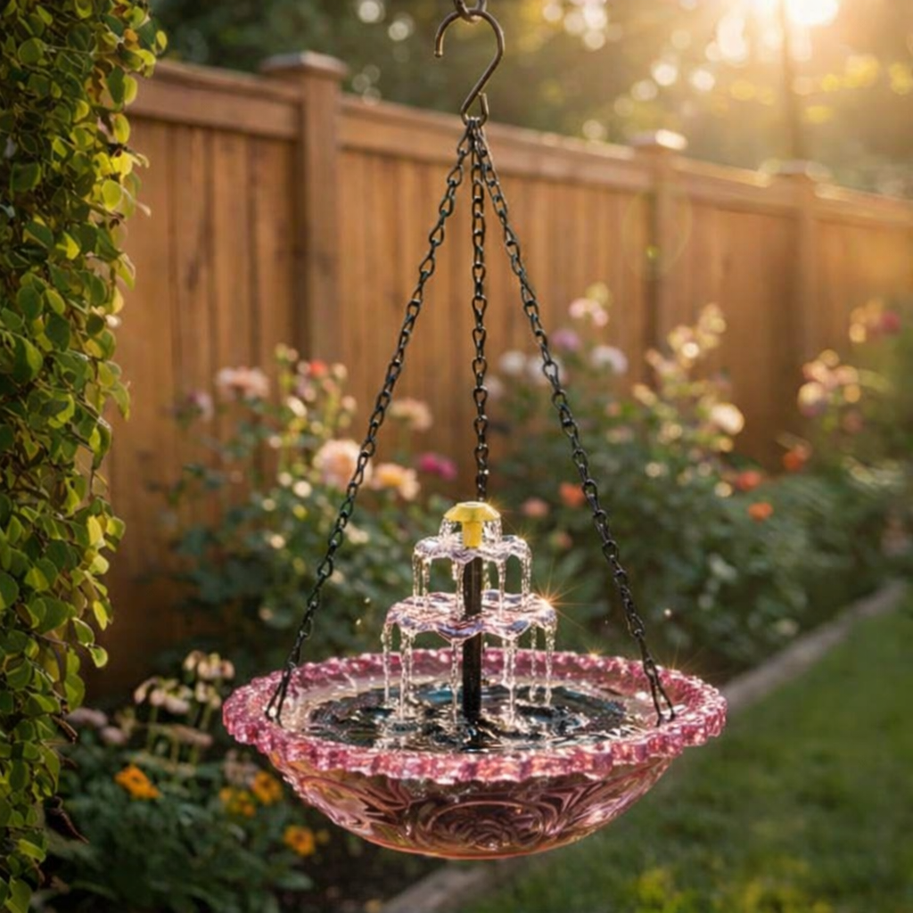 Fontaine à oiseaux suspendue solaire deux vasques verre Ø 25,5 cm cascade automatique jardin terrasse | Koossa