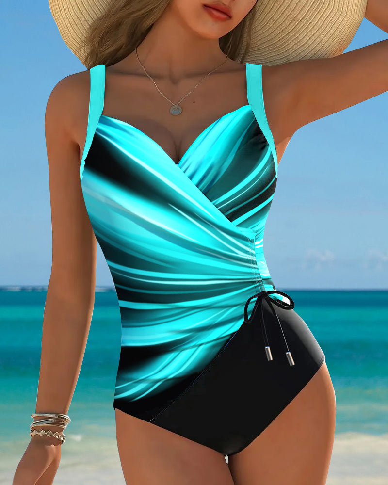 Women's Colour Block One-Piece Swimsuit with Lace-Up Detail — Elegant Swimwear for Holiday & Beach | Koossa