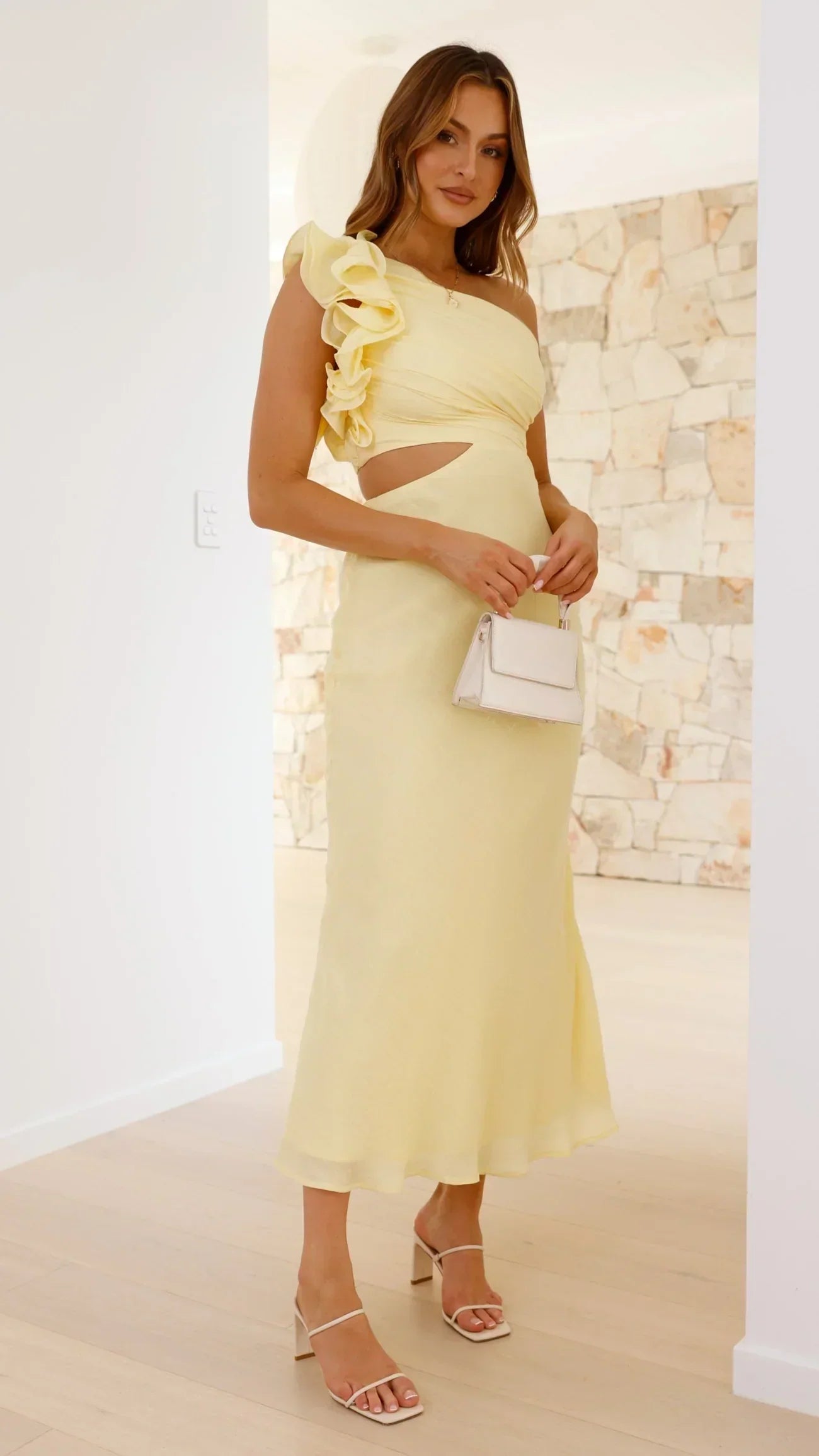 Women's Yellow One-Shoulder Maxi Dress with Cut-Out Detail — Elegant Evening Gown for Formal Occasions | Koossa