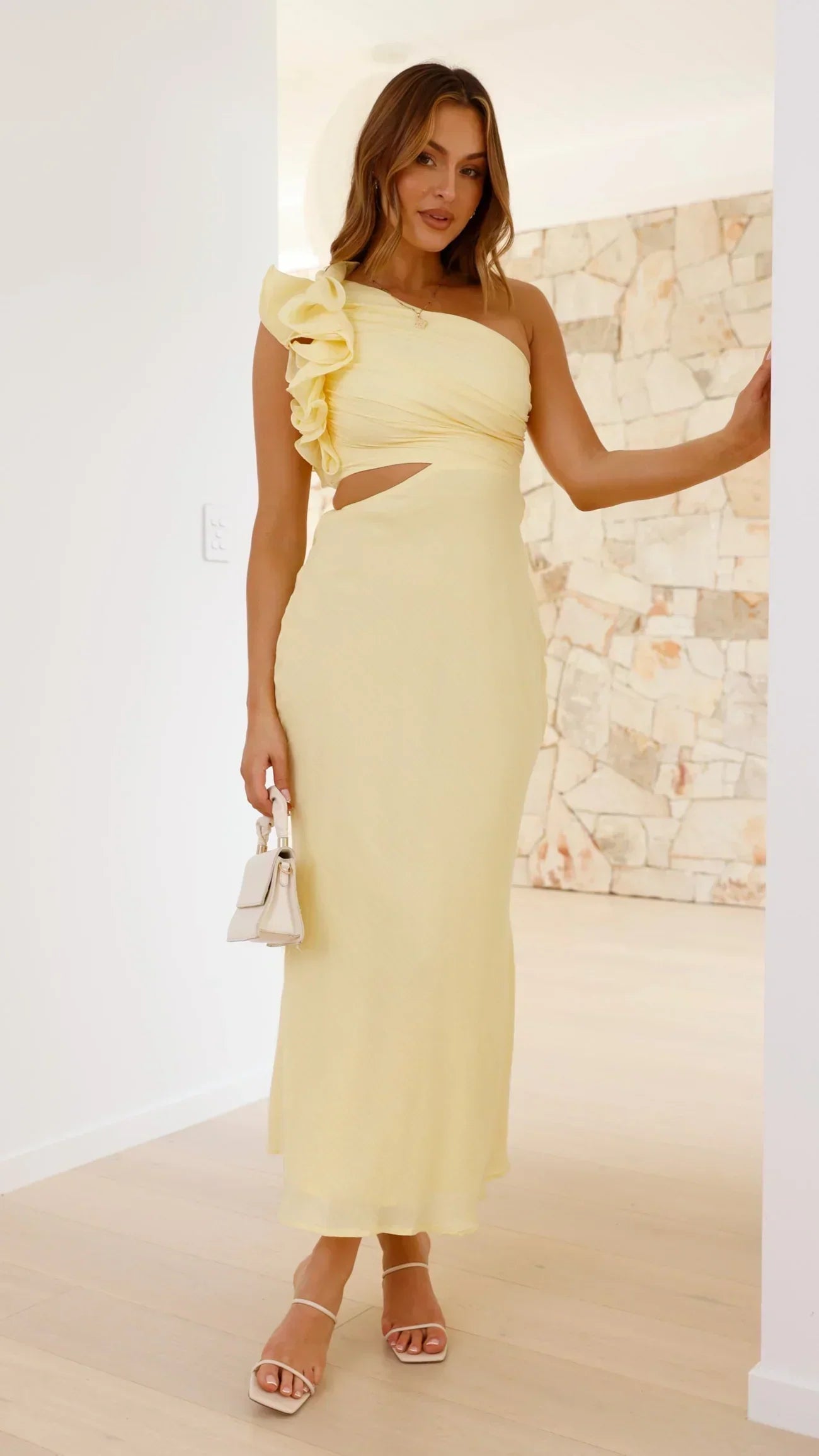 Women's Yellow One-Shoulder Maxi Dress with Cut-Out Detail — Elegant Evening Gown for Formal Occasions | Koossa