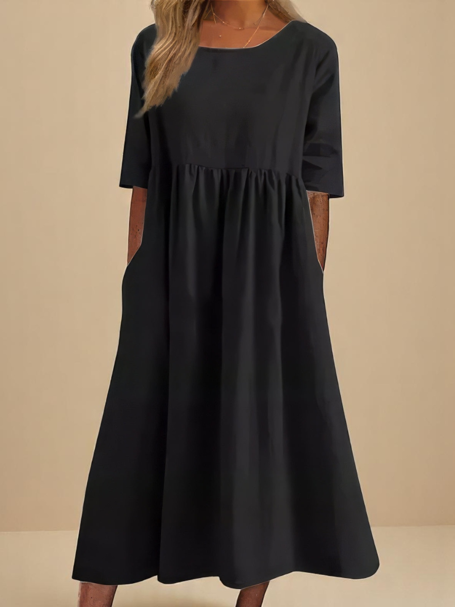 Women's Cotton Mid-Length Dress with Pockets in Eight Colours — Relaxed Fit Round Neck Short Sleeve Summer Spring Casual Everyday Knee-Length Lightweight Dress | Koossa