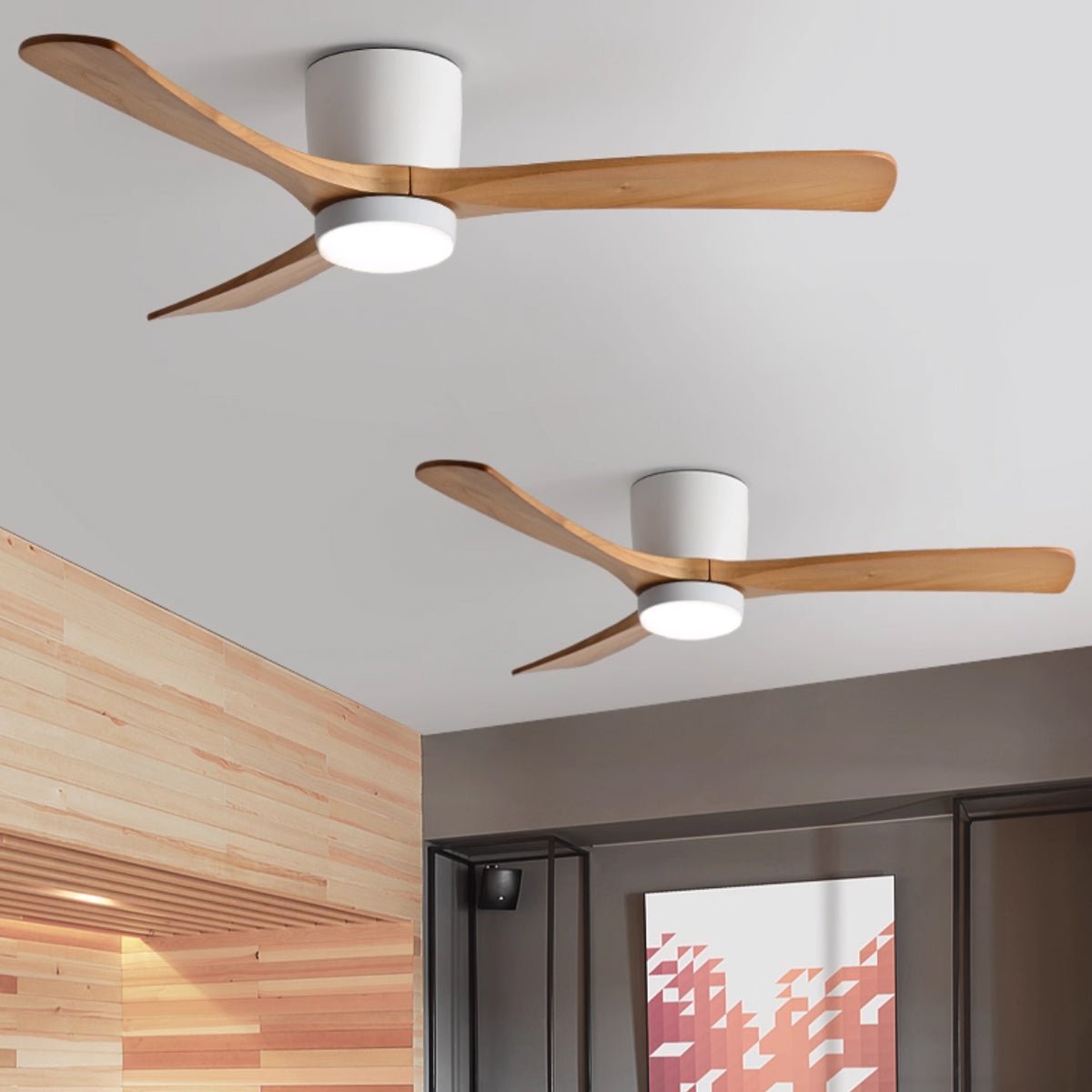 Ventilateur de plafond lumineux lames bois naturel design nordique silencieux économe chambre salon moderne | Koossa