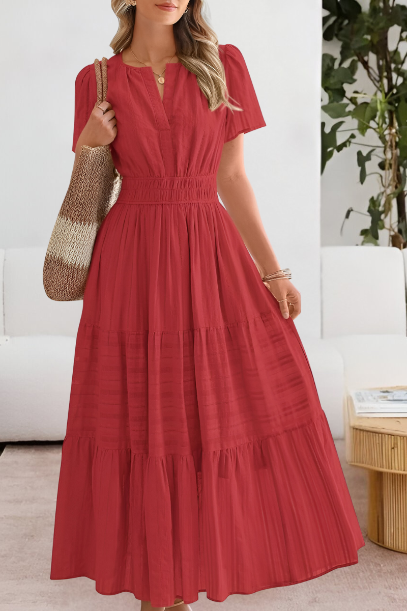Women's Smocked Waist Midi Dress with Short Sleeves in Lightweight Cotton for Garden Parties and Summer Outings | Koossa