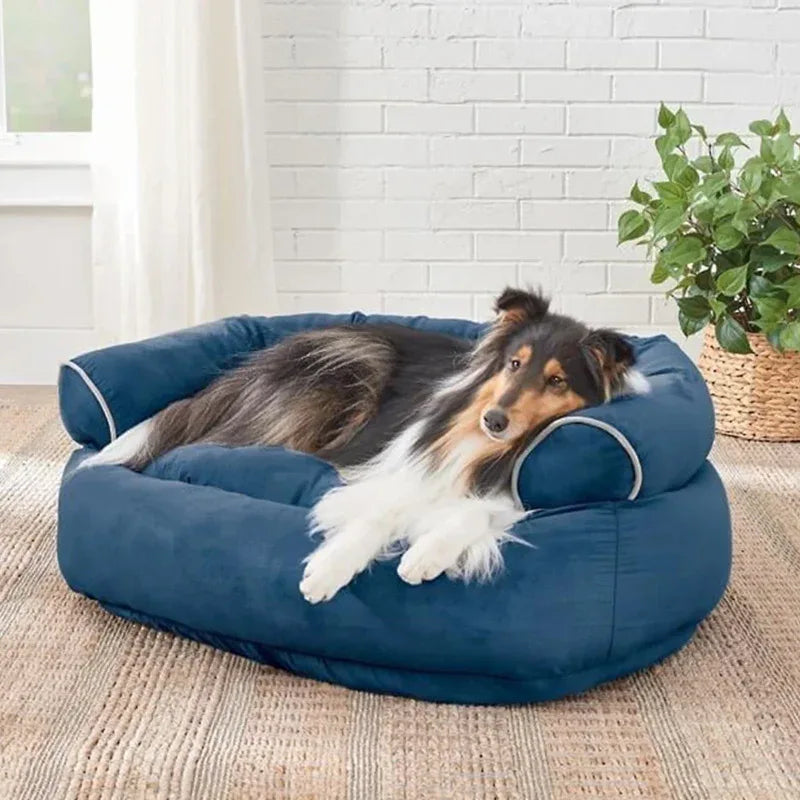 Dog Bed Orthopaedic Calming Raised Edges Washable Cover Sofa Style Grey Navy Cream Anti-Anxiety Nest Cushion Pet Couch | Koossa