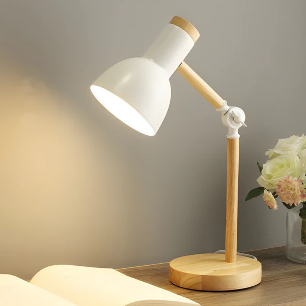 Adjustable Desk Lamp with Wood Base and Metal Shade – LED Task Light for Office, Bedroom, and Study | Lonoma