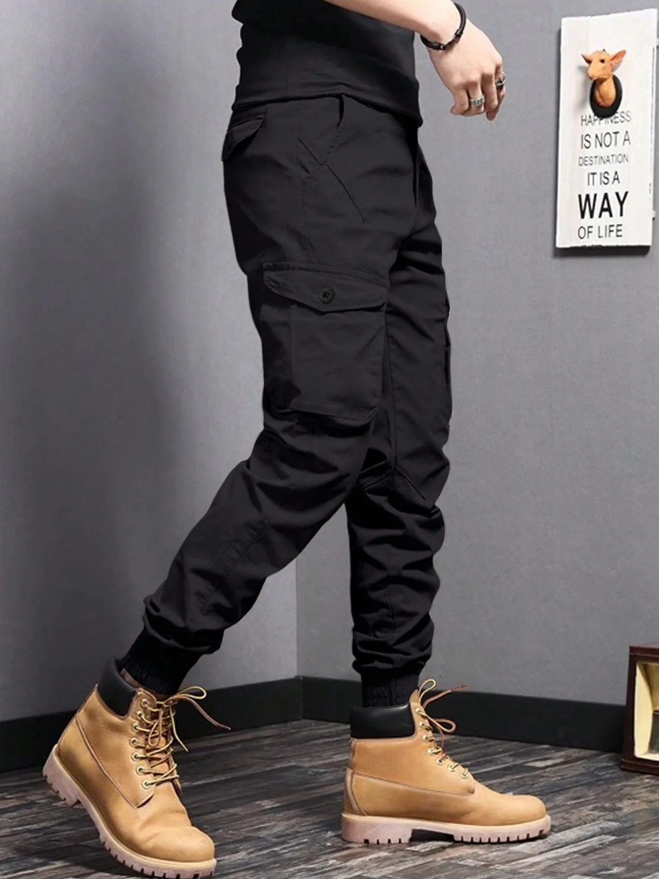 Men's Cargo Trousers in Black and Grey — Tapered Utility Style with Flap Pockets and Reinforced Seams for Casual Everyday Wear | Koossa