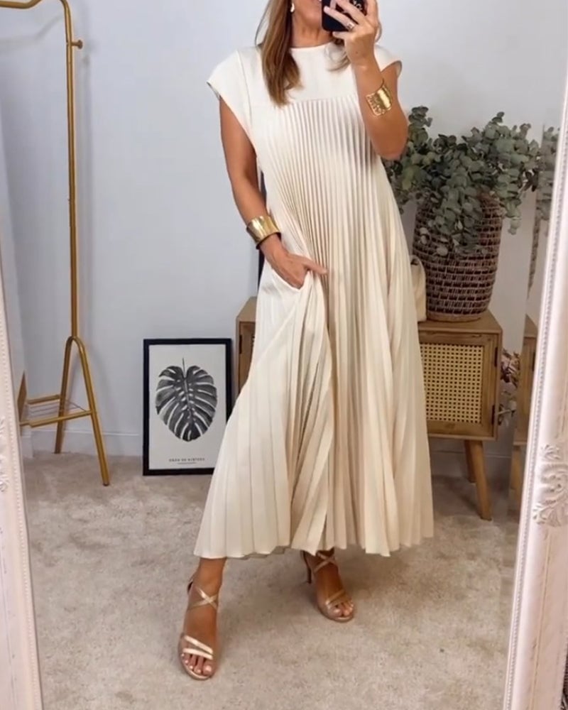 Women's Sleeveless Pleated Midi Dress in Soft Jersey Fabric for Daywear & Evenings | Koossa