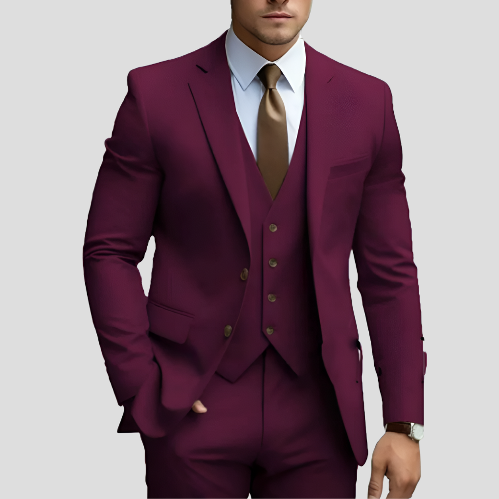 Men's Beige Three-Piece Slim Fit Suit — Formal Wedding Suit for Grooms & Groomsmen | Koossa