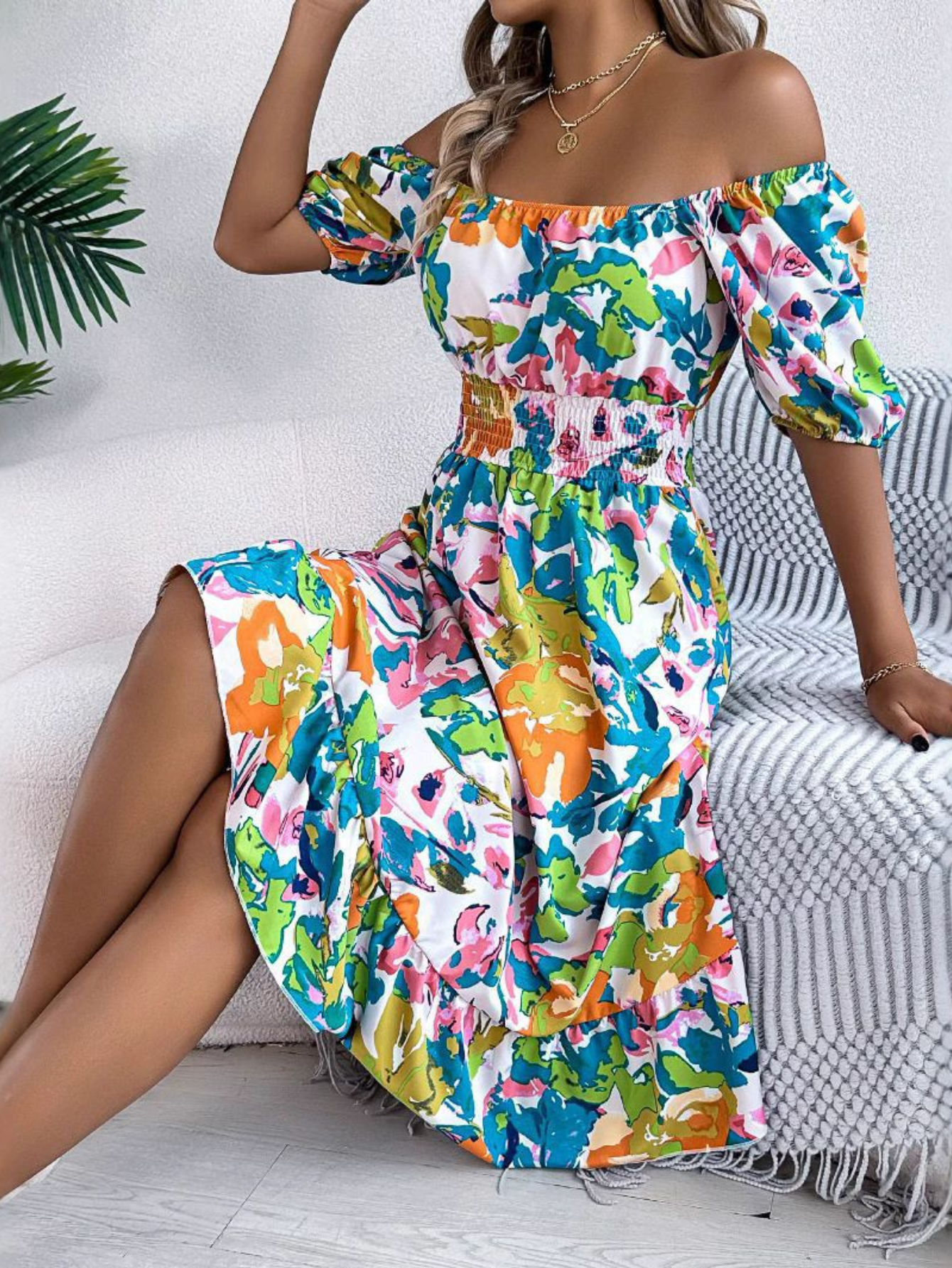 Women's Bardot Midi Dress in Flowing Print | Relaxed Elastic Neckline | Feminine Summer Silhouette | Warm Weather Occasions Garden Parties Outdoor Events | Koossa