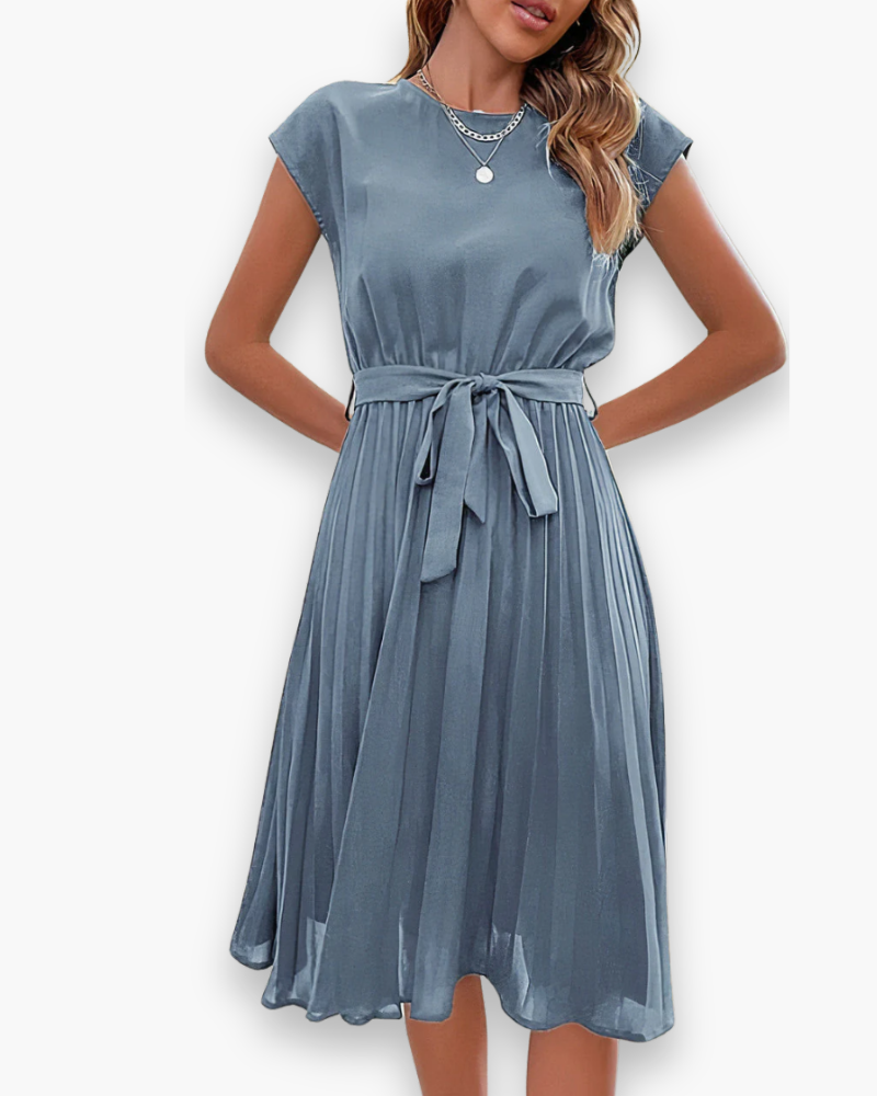 Women's Pleated Midi Dress with Bow Detail — Elegant Occasion Dress for Weddings & Special Events | Koossa