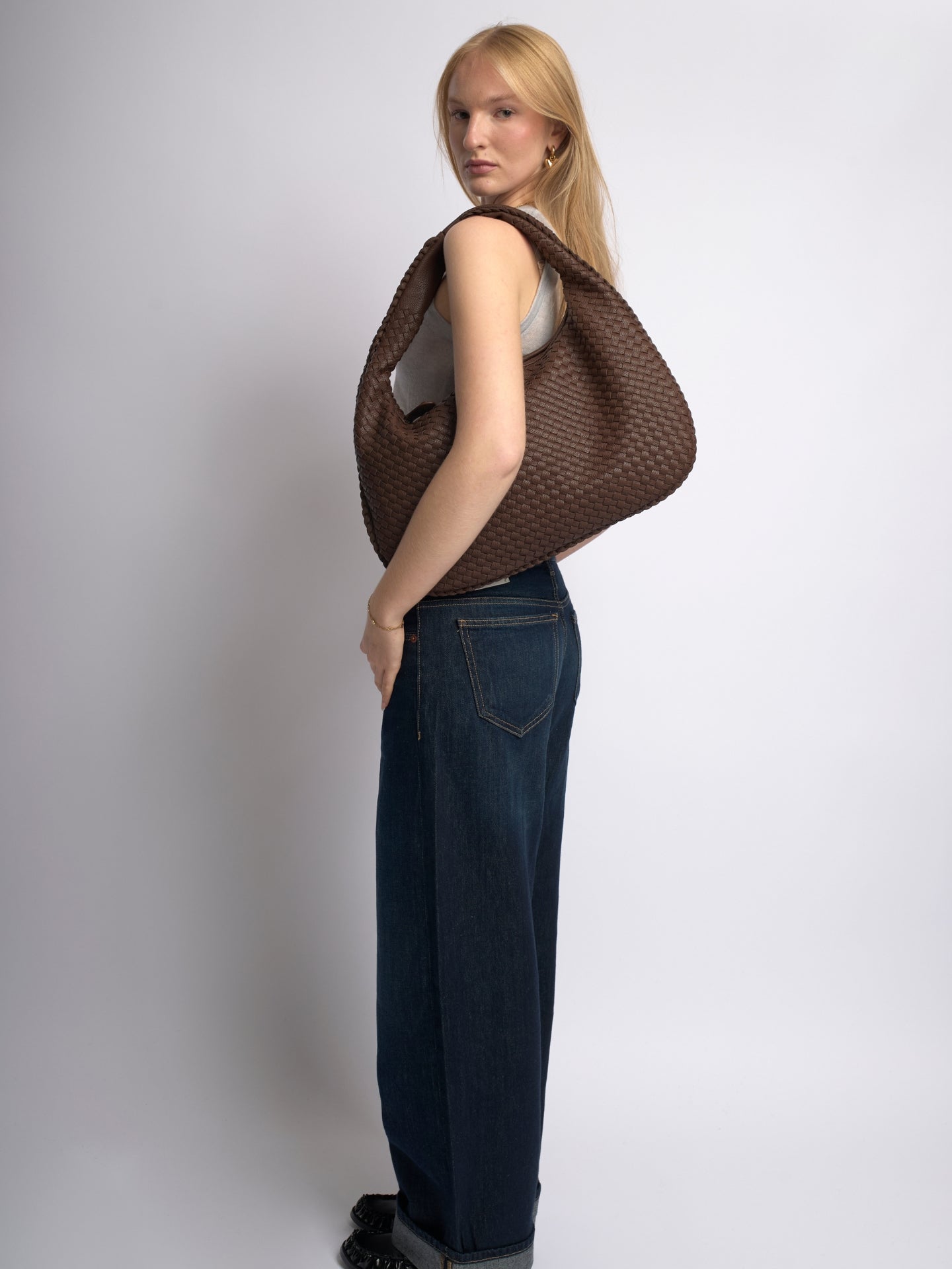 Woven Leather Hobo Bag with Soft Structure in Black, Wine Red, Sage Green & More | Koossa