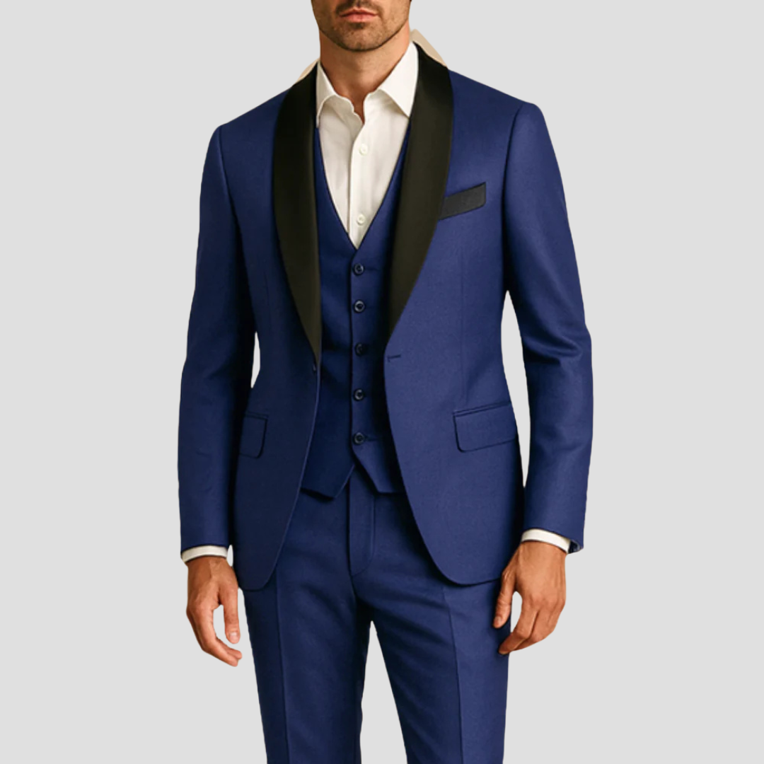 Three-Piece Formal Suit Tailored Fit Single-Button Jacket Waistcoat Contrast Lapels Evening Wedding Occasion Menswear | Koossa