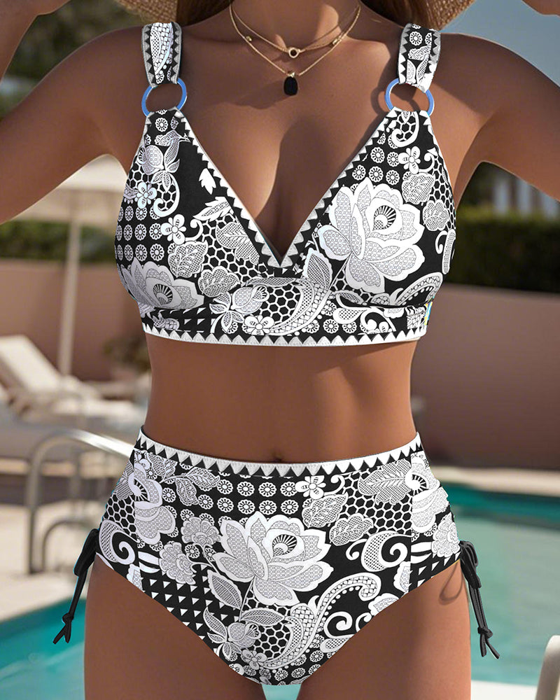 Women's High-Waisted Triangle Bikini Set — Printed Two-Piece Swimwear with Lace-Up Back Detail | Koossa