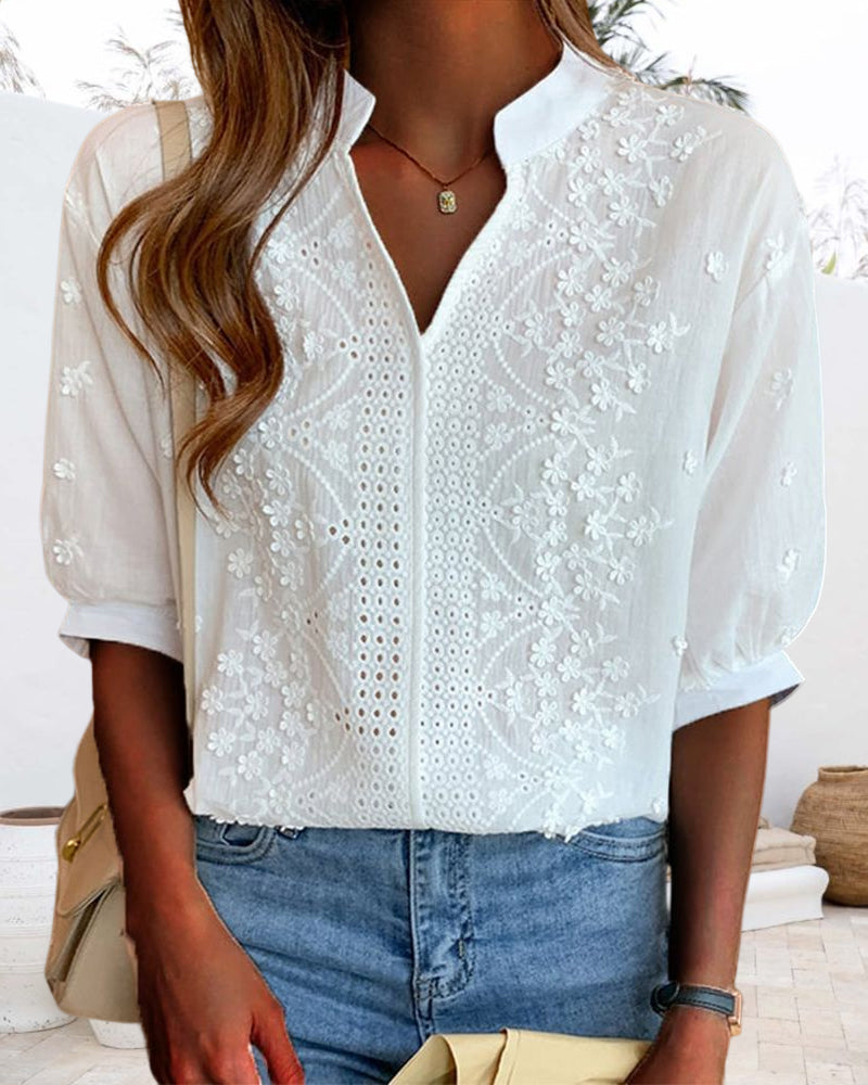 Women's V-Neck Blouse with Puff Sleeves and Embroidered Detailing in White | Koossa