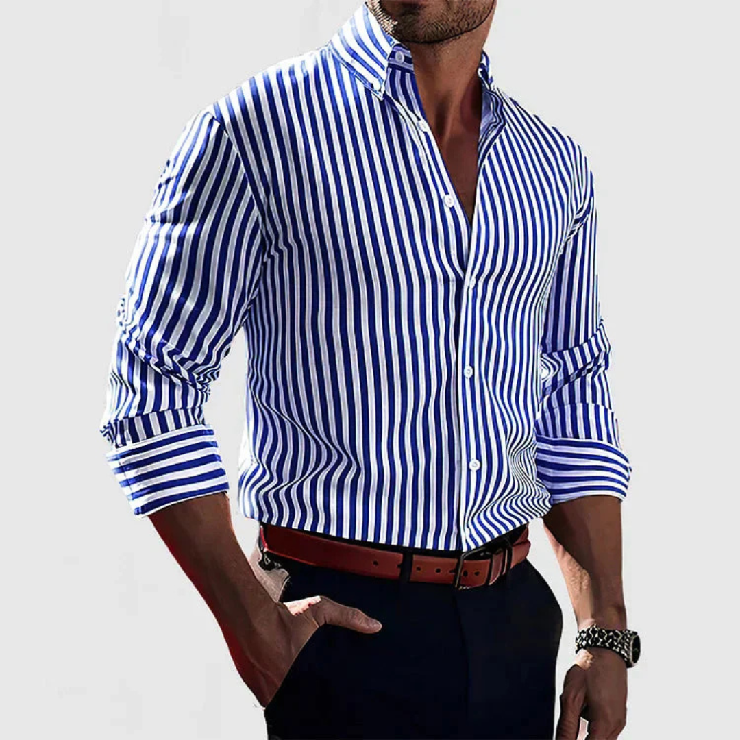 Men's Vertical Stripe Long Sleeve Shirt in Classic Blue and White | Koossa
