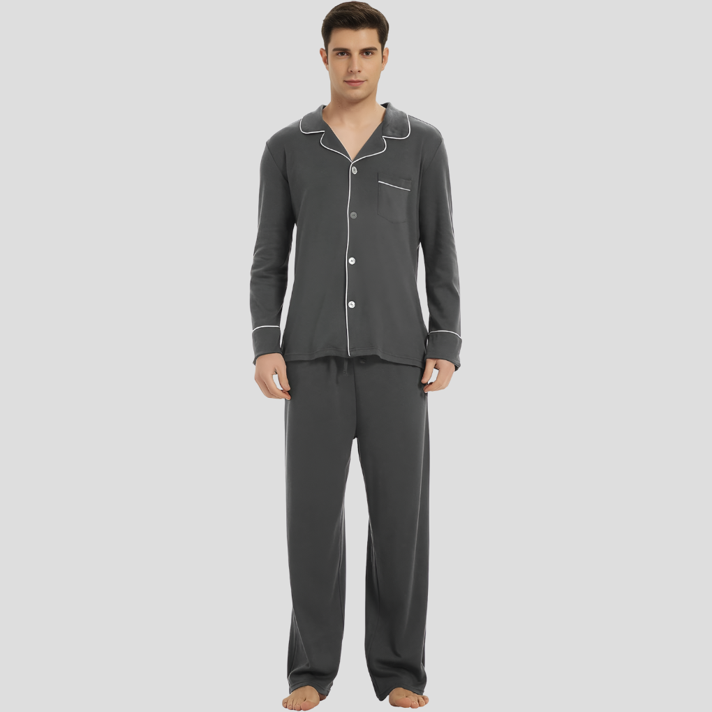Men's Classic Long-Sleeved Cotton Pyjama Set in Timeless Colours | Traditional Button-Front Nightwear for Year-Round Comfort | Koossa