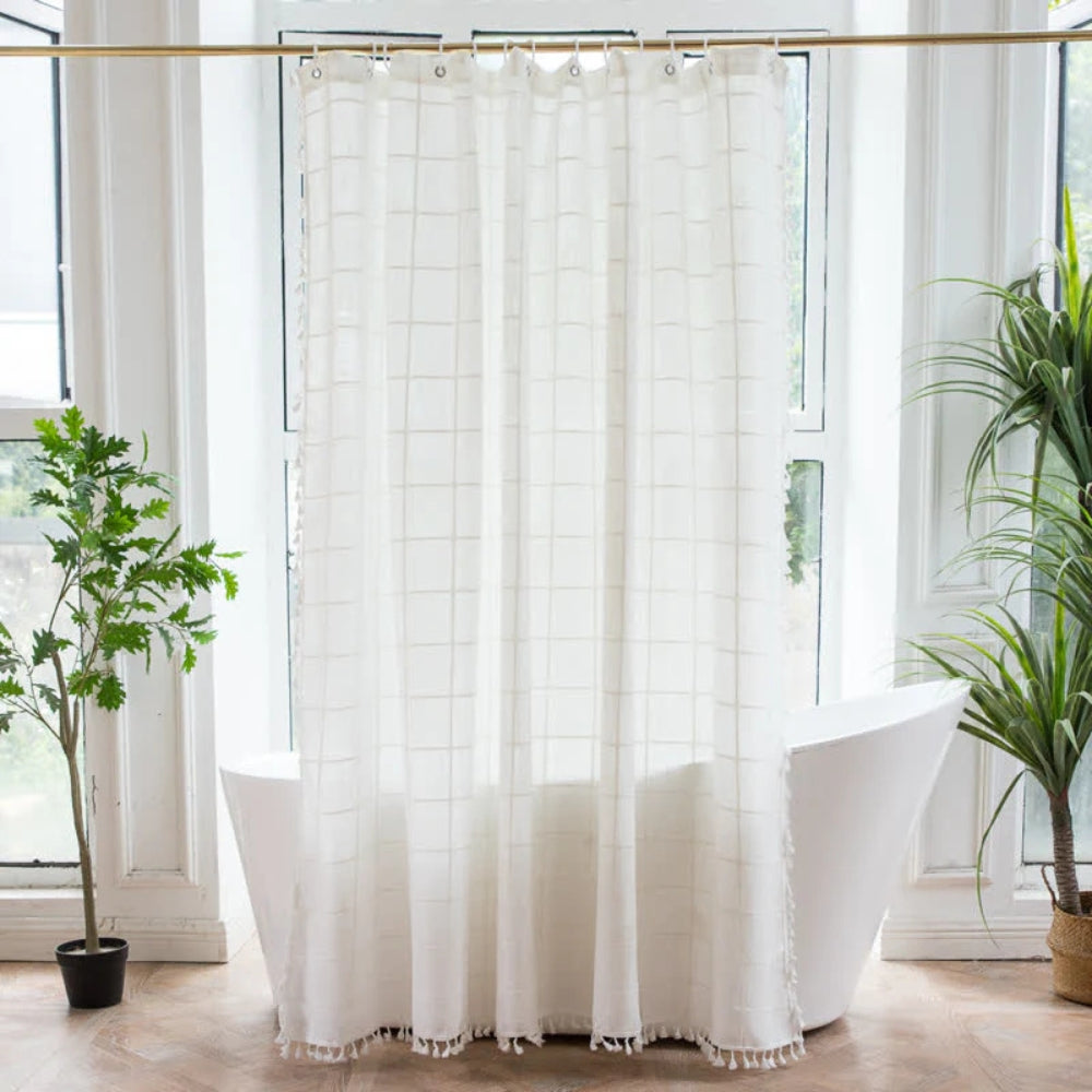 Rideau de Douche Carreaux Coton Lin à Franges Hydrofuge Lavable Machine Cabine Standard XXL Salle de Bains | Koossa