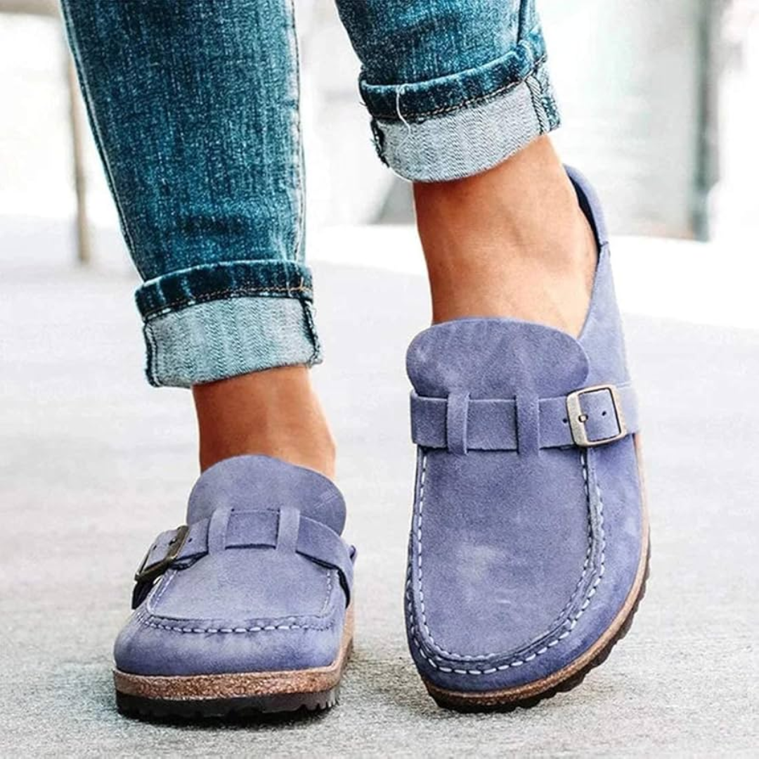 Women's Leather Buckle Loafers Low Heel Slip-On Shoes Black Khaki Green Office Smart Casual Footwear | Koossa
