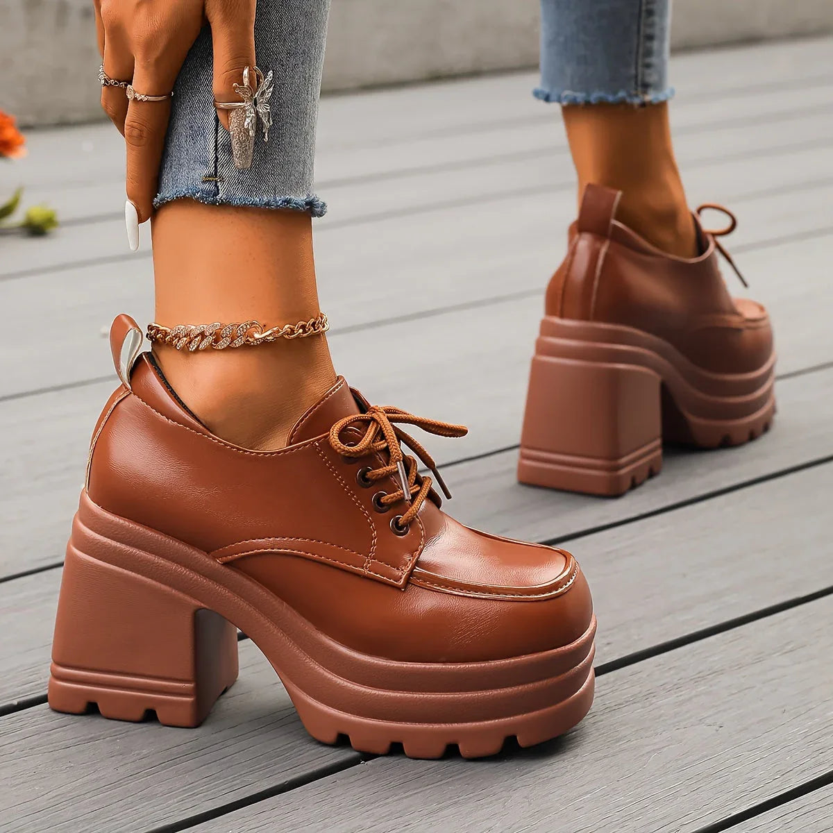 Women's Platform Block Heel Lace-Up Ankle Boots in Black and Brown – Retro-Inspired Statement Footwear for Elevated Everyday Style | Koossa