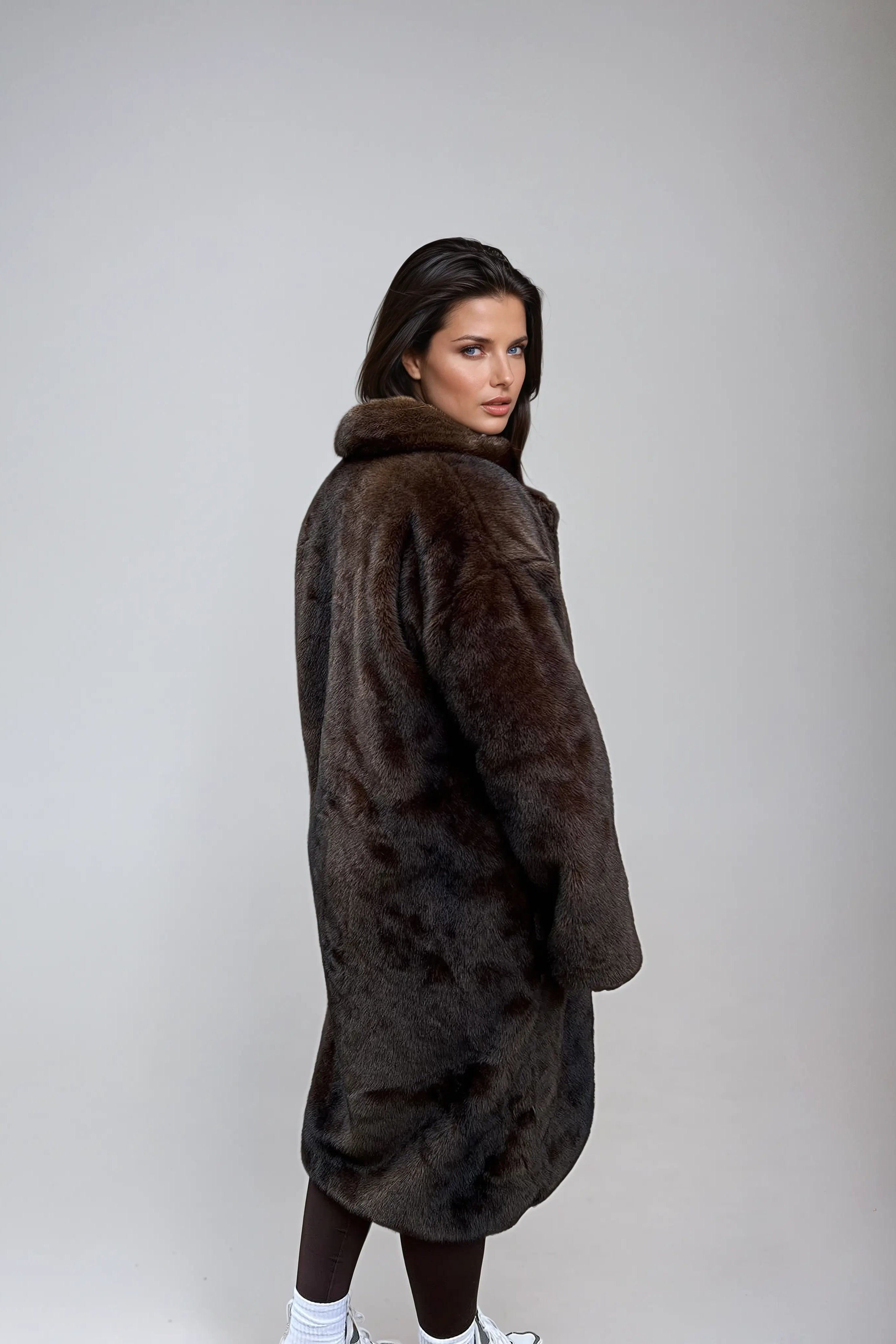 Oversized Faux Fur Coat in Brown with Lapel Collar for Winter Elegance | Women's Long Outerwear | Koossa