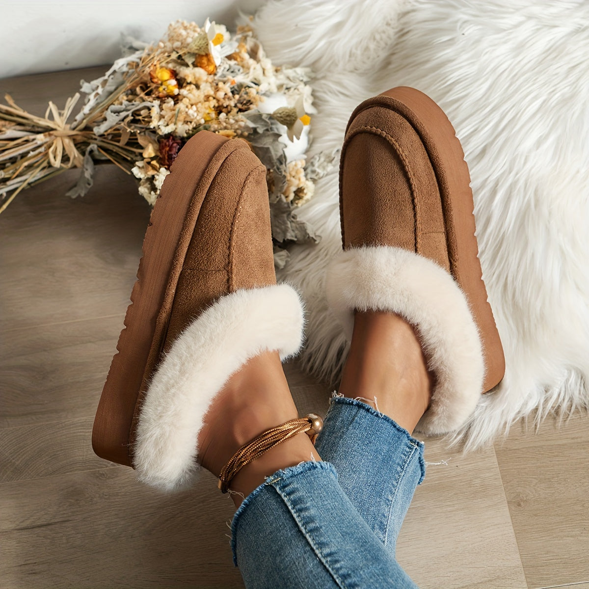 Women's Faux Fur Moccasin Slippers | Warm Indoor Outdoor Footwear in Black Brown Khaki | Cushioned Non-Slip Sole Winter House Shoes | Koossa