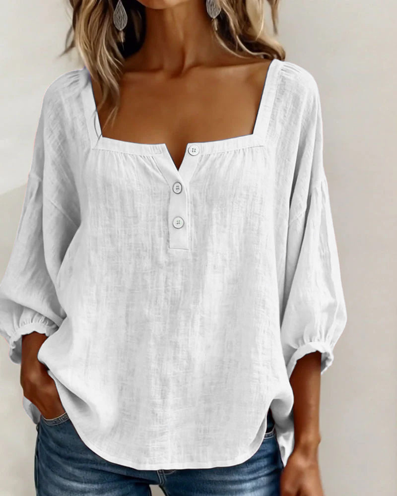 Women's Square Neck Puff Sleeve Blouse in Cotton Blend – Classic Feminine Wardrobe Essential for Every Season | Koossa