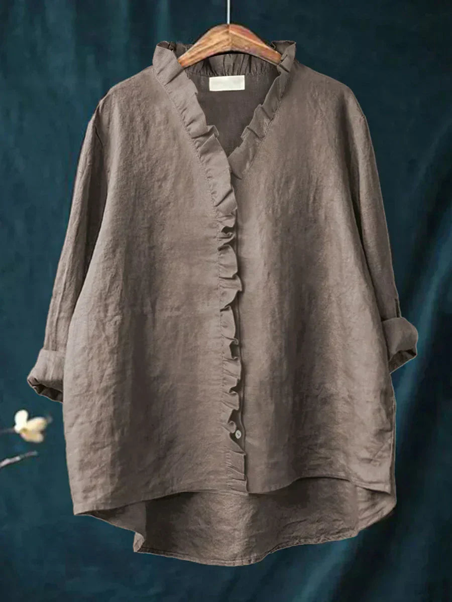 Women's Cotton-Linen V-Neck Blouse with Ruffle Detail in Seven Colours – Relaxed Fit Button-Front Top for Casual Elegance Spring Summer Everyday Wear | Koossa