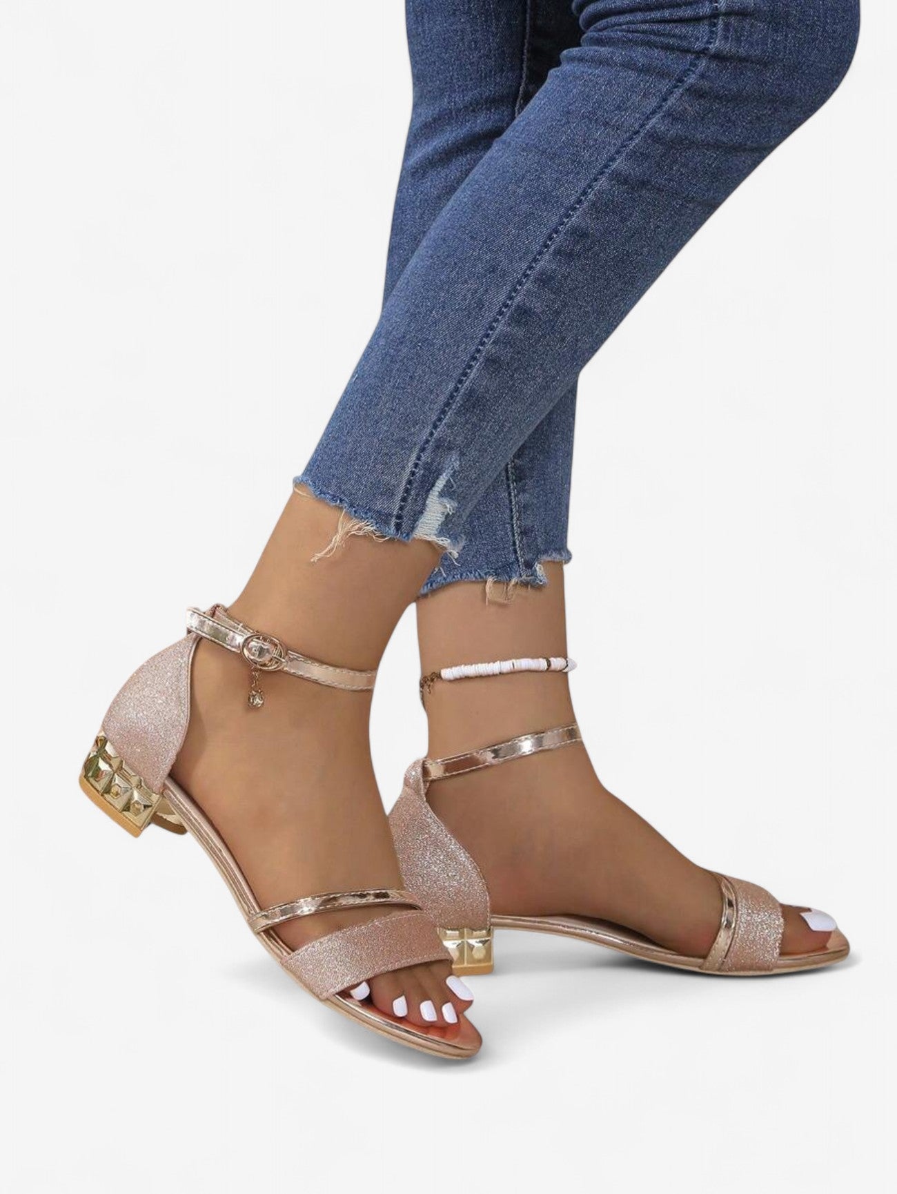 Women's Glittering Block Heel Sandals in Pink, Silver, Black & Gold – Elegant Strappy Evening Sandals with Low Heel for Parties, Weddings & Special Occasions | Koossa