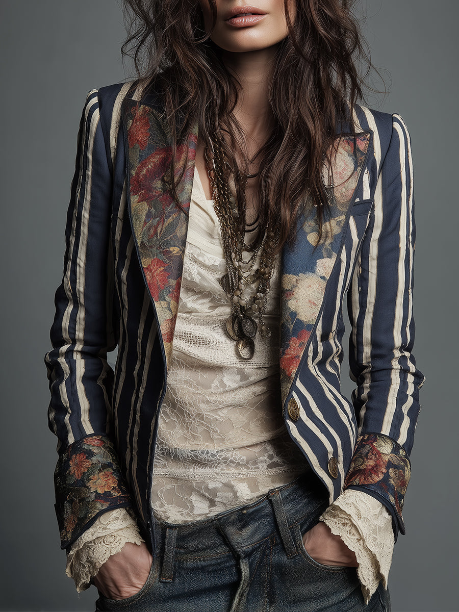 Women's Bohemian Striped Blazer | Tailored Floral Jacket in Navy, Claret & Green | Vintage-Inspired Structured Outerwear for Smart Casual Occasions | Koossa
