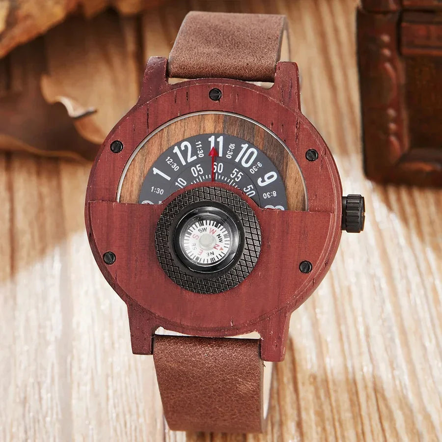 Men's Wooden Watch with Leather Strap — Classic Timepiece with Compass for Everyday Elegance | Koossa