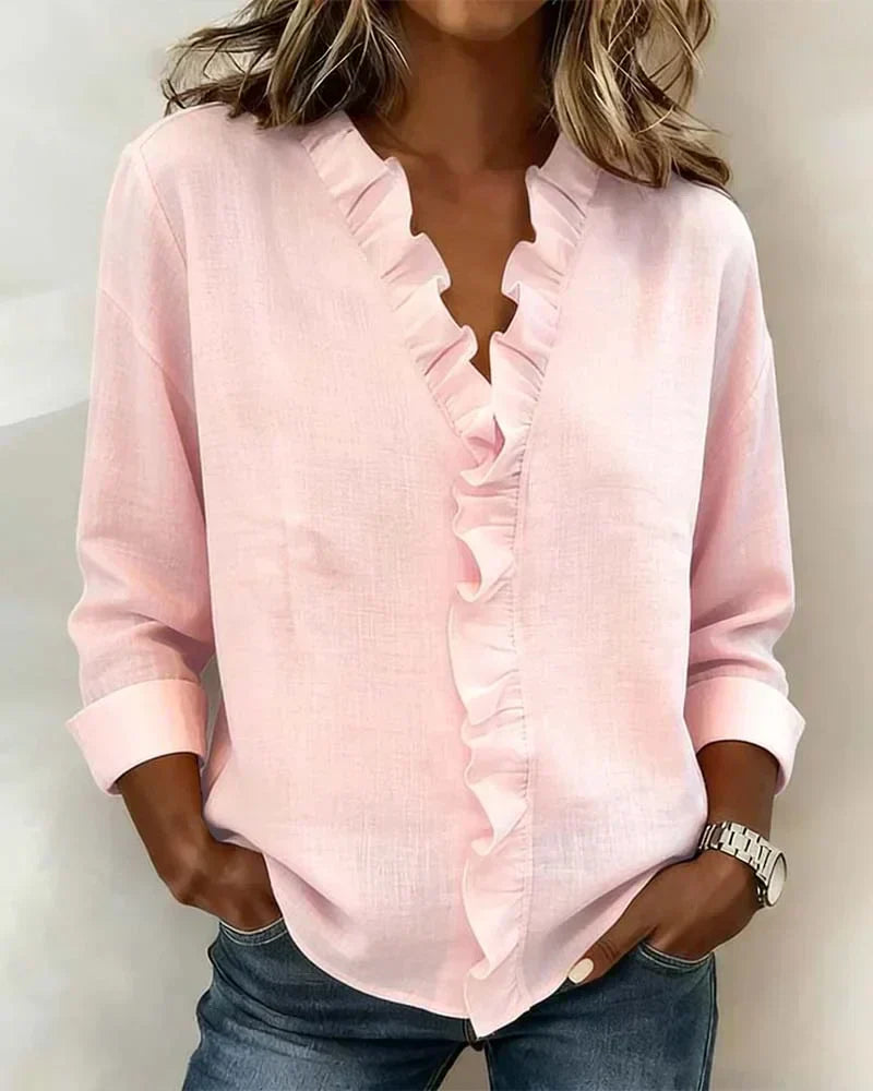 Women's Ruffled V-Neck Long Sleeve Blouse in Lightweight Fabric for Work and Weekend Wear | Koossa