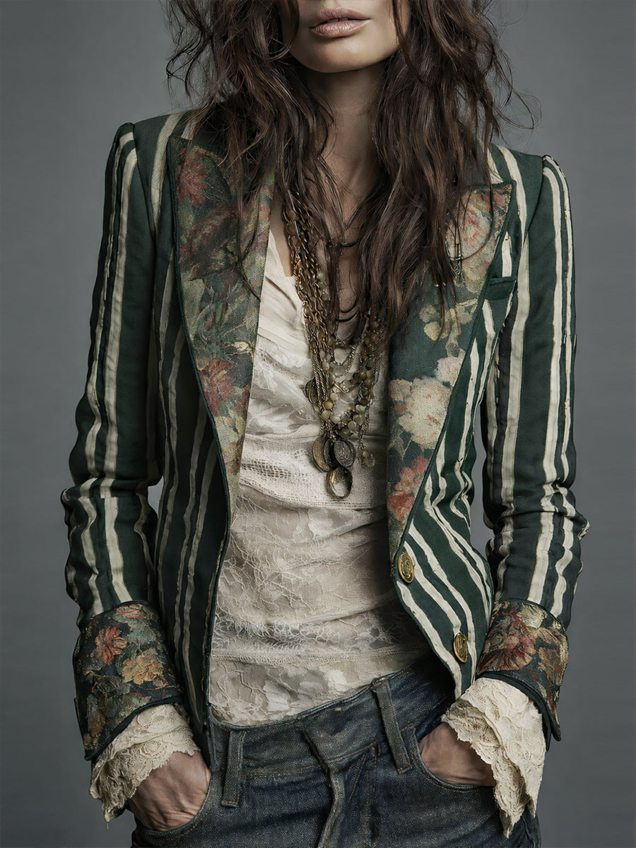 Women's Bohemian Striped Blazer | Tailored Floral Jacket in Navy, Claret & Green | Vintage-Inspired Structured Outerwear for Smart Casual Occasions | Koossa
