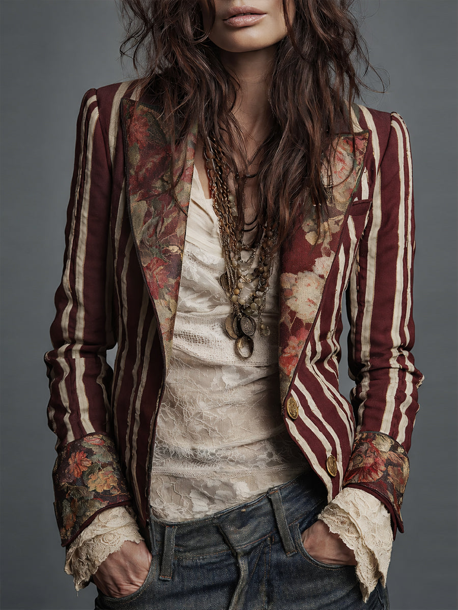 Women's Bohemian Striped Blazer | Tailored Floral Jacket in Navy, Claret & Green | Vintage-Inspired Structured Outerwear for Smart Casual Occasions | Koossa