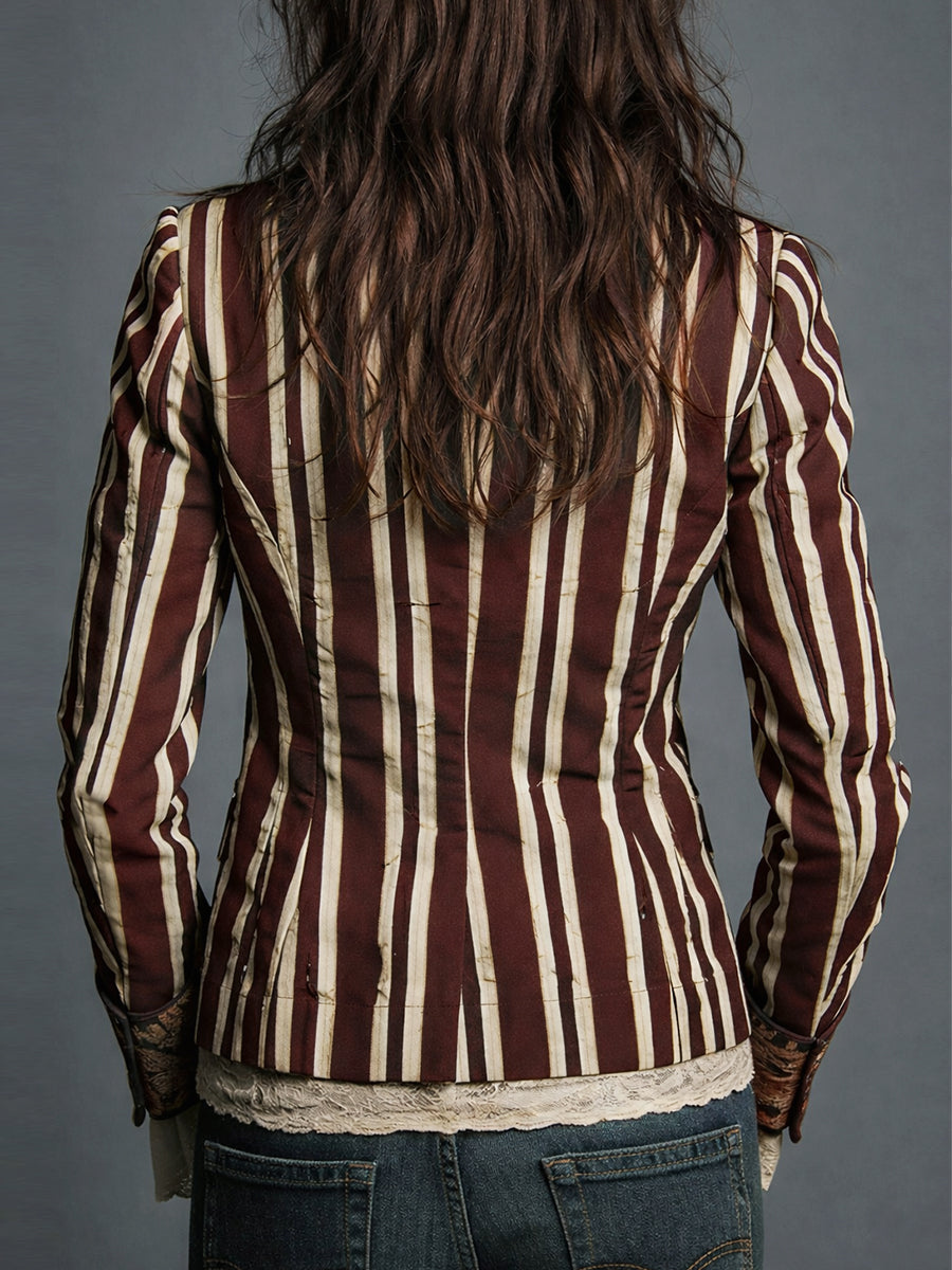 Women's Bohemian Striped Blazer | Tailored Floral Jacket in Navy, Claret & Green | Vintage-Inspired Structured Outerwear for Smart Casual Occasions | Koossa