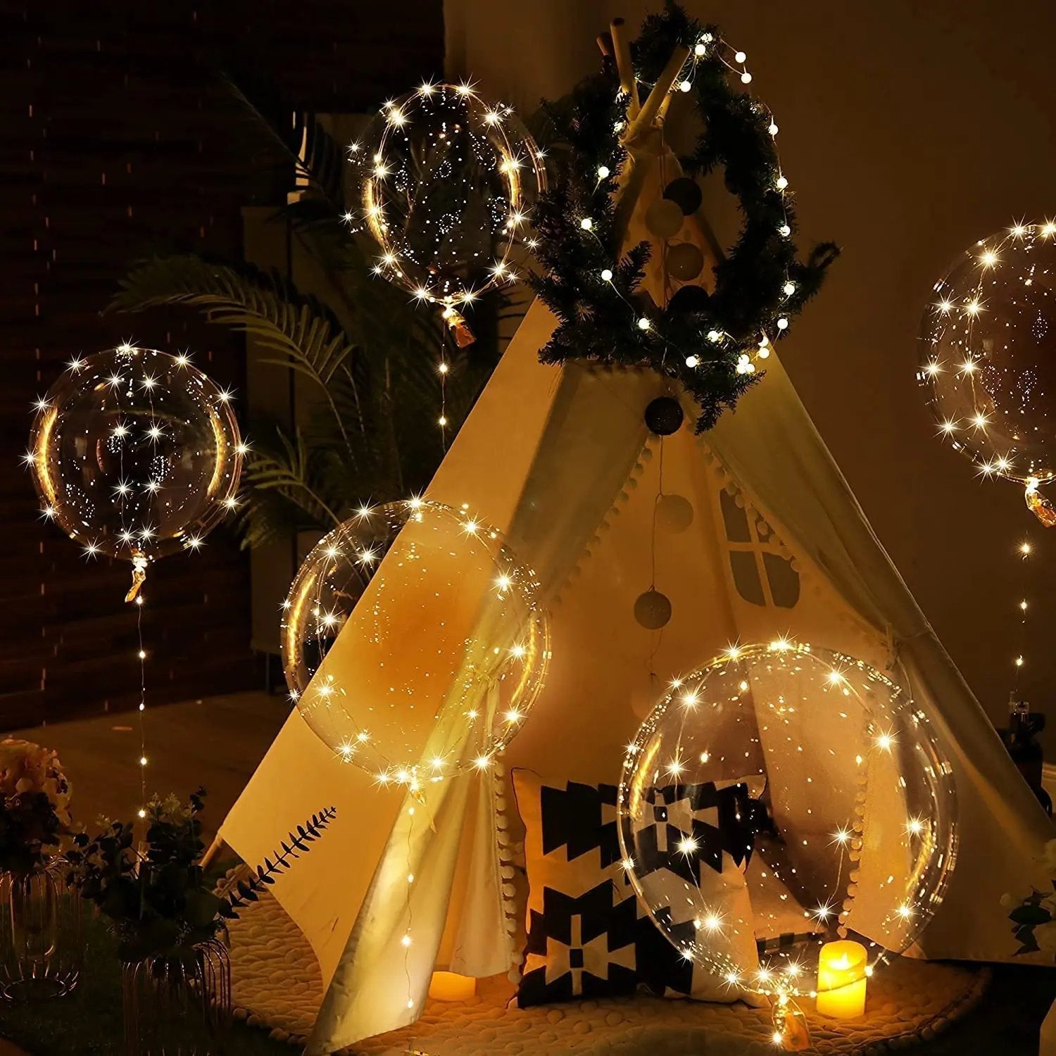 Ballons lumineux LED transparents blanc chaud 45 cm lot de 10 fil LED 3 m réutilisables latex free fête | Koossa
