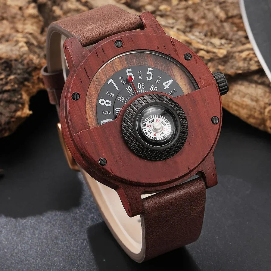 Men's Wooden Watch with Leather Strap — Classic Timepiece with Compass for Everyday Elegance | Koossa