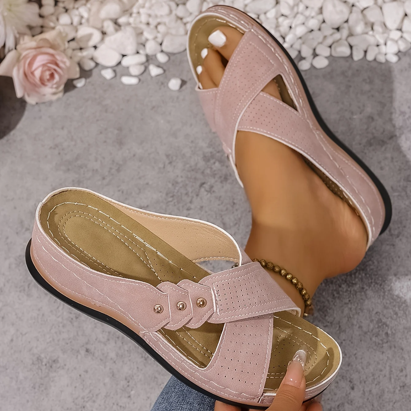 Women's Supportive Wedge Sandals with Cushioned Footbed in Blue, Pink, Brown & Black | Koossa