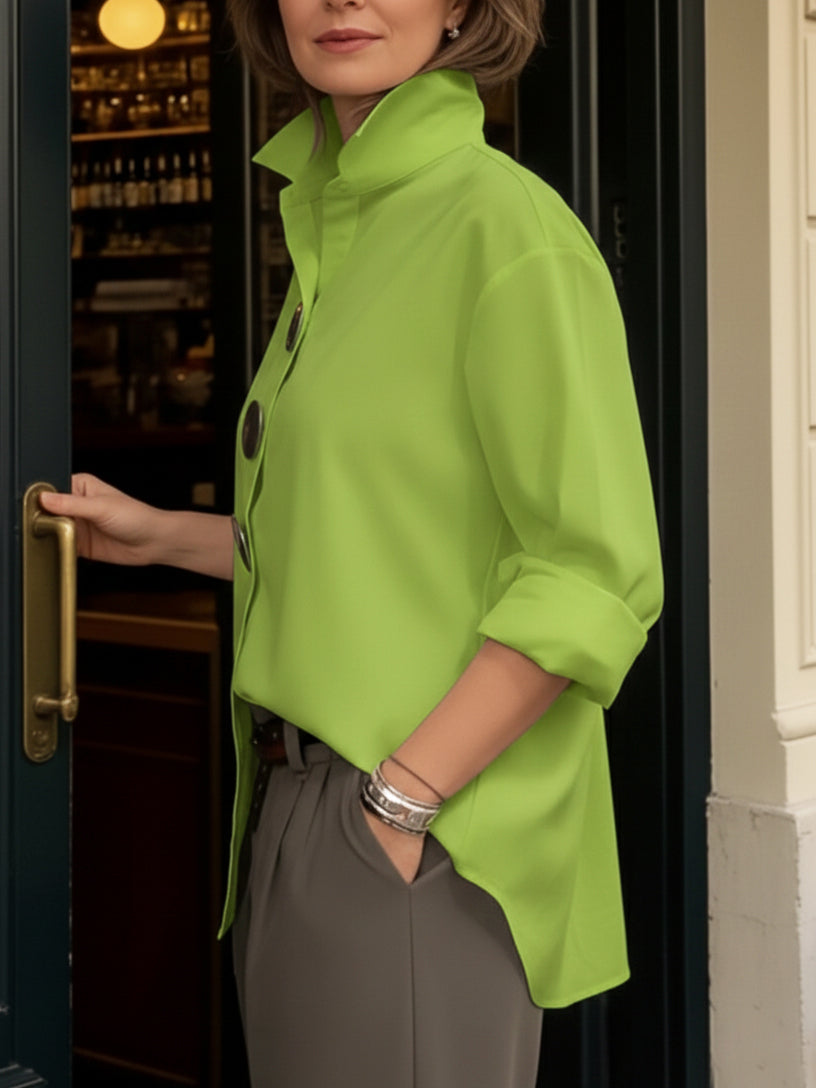 Women's Stand Collar Blouse with Statement Buttons in Green, Blue, Black, White, Burgundy & Pink | Relaxed Fit Long Sleeve Shirt with Roll-Back Cuffs | Elegant Everyday Blouse for Work & Weekend | Koossa