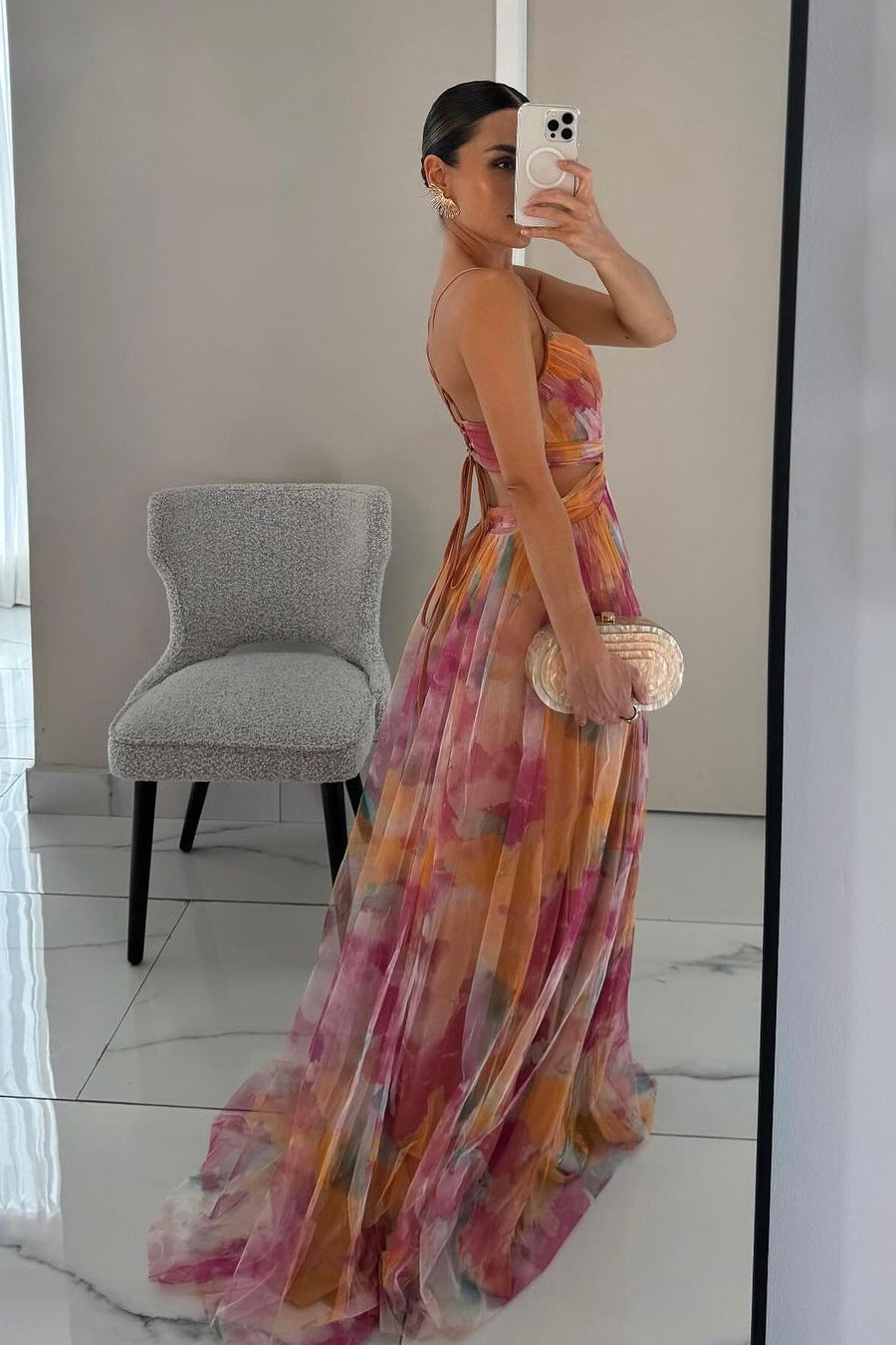 Watercolour Floral Maxi Dress with Pleated Skirt | Cross-Wrap Bodice | Adjustable Straps | Women's Full-Length Occasion Dress | Koossa