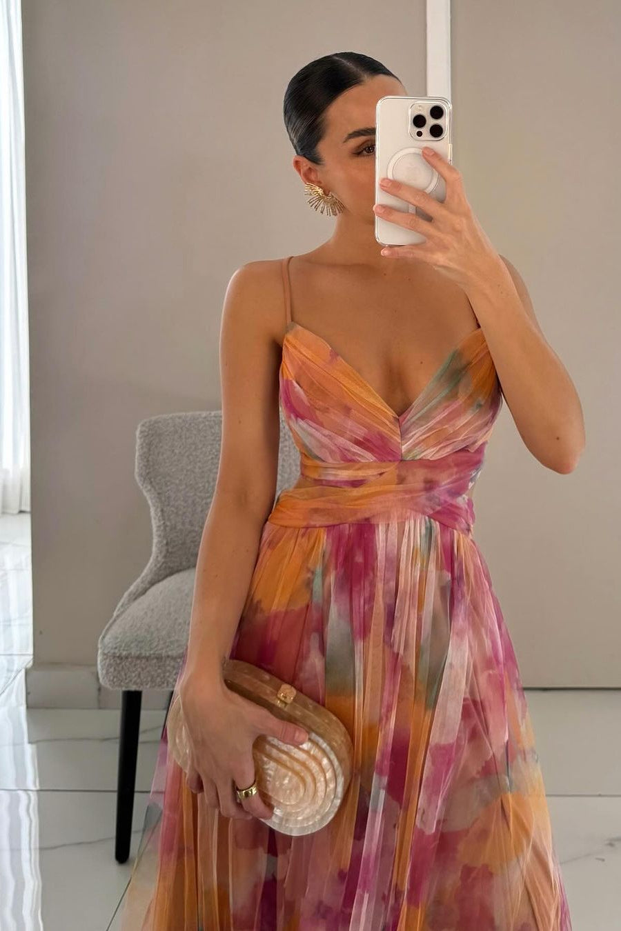 Watercolour Floral Maxi Dress with Pleated Skirt | Cross-Wrap Bodice | Adjustable Straps | Women's Full-Length Occasion Dress | Koossa