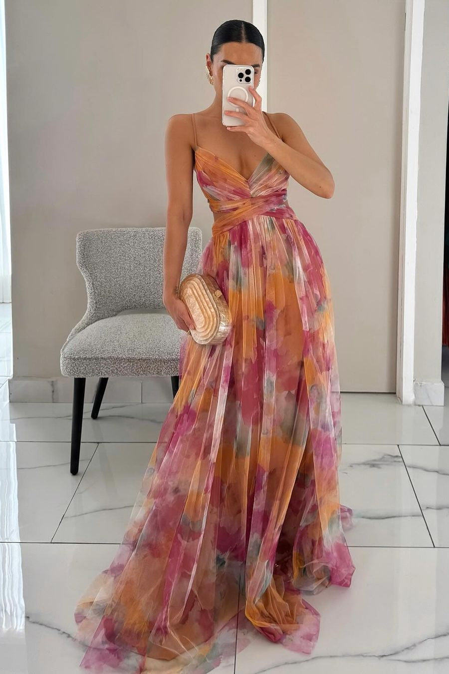 Watercolour Floral Maxi Dress with Pleated Skirt | Cross-Wrap Bodice | Adjustable Straps | Women's Full-Length Occasion Dress | Koossa
