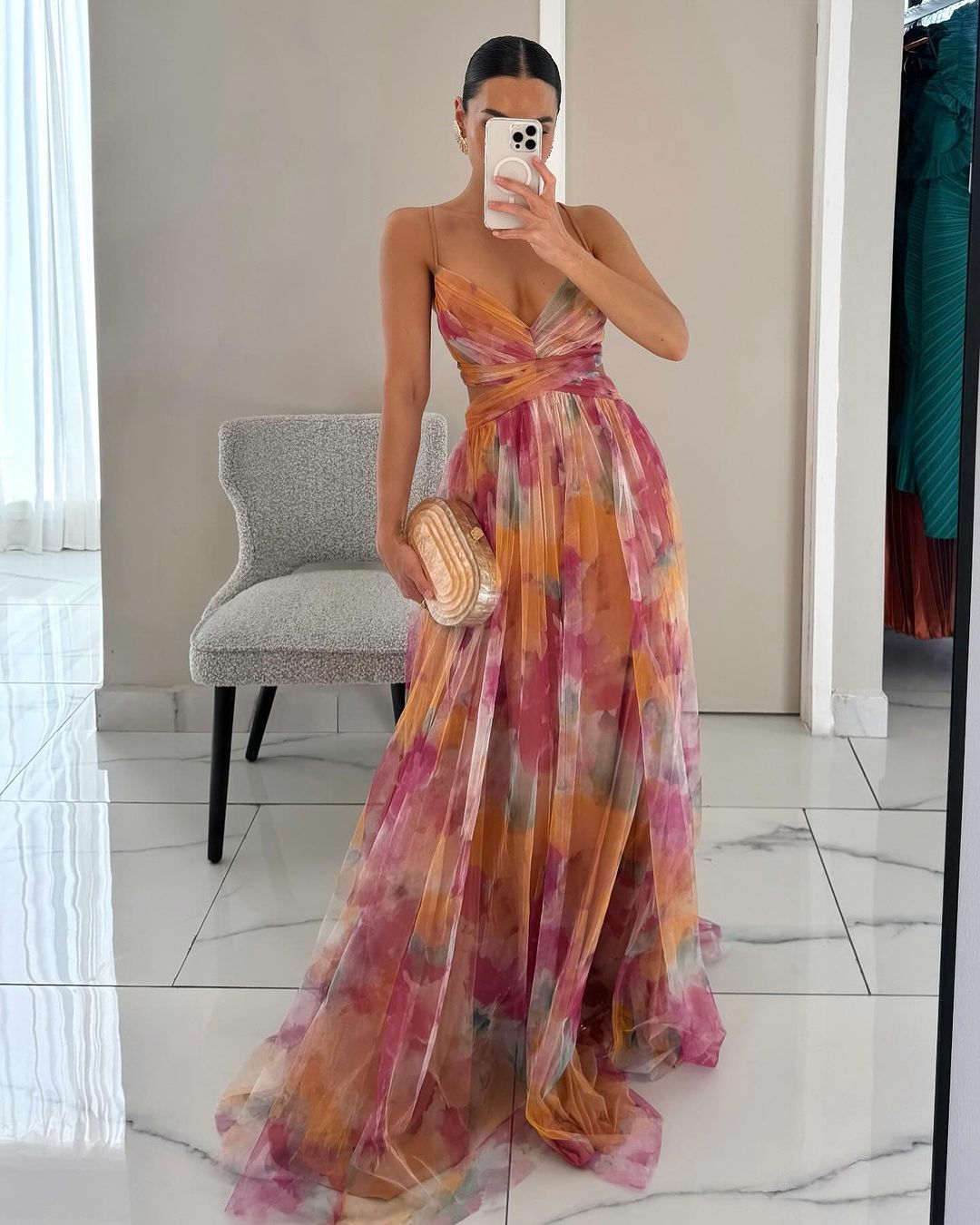 Women's Printed Spaghetti Strap Maxi Dress in Orange or Green for Elegant Summer Occasions | Koossa